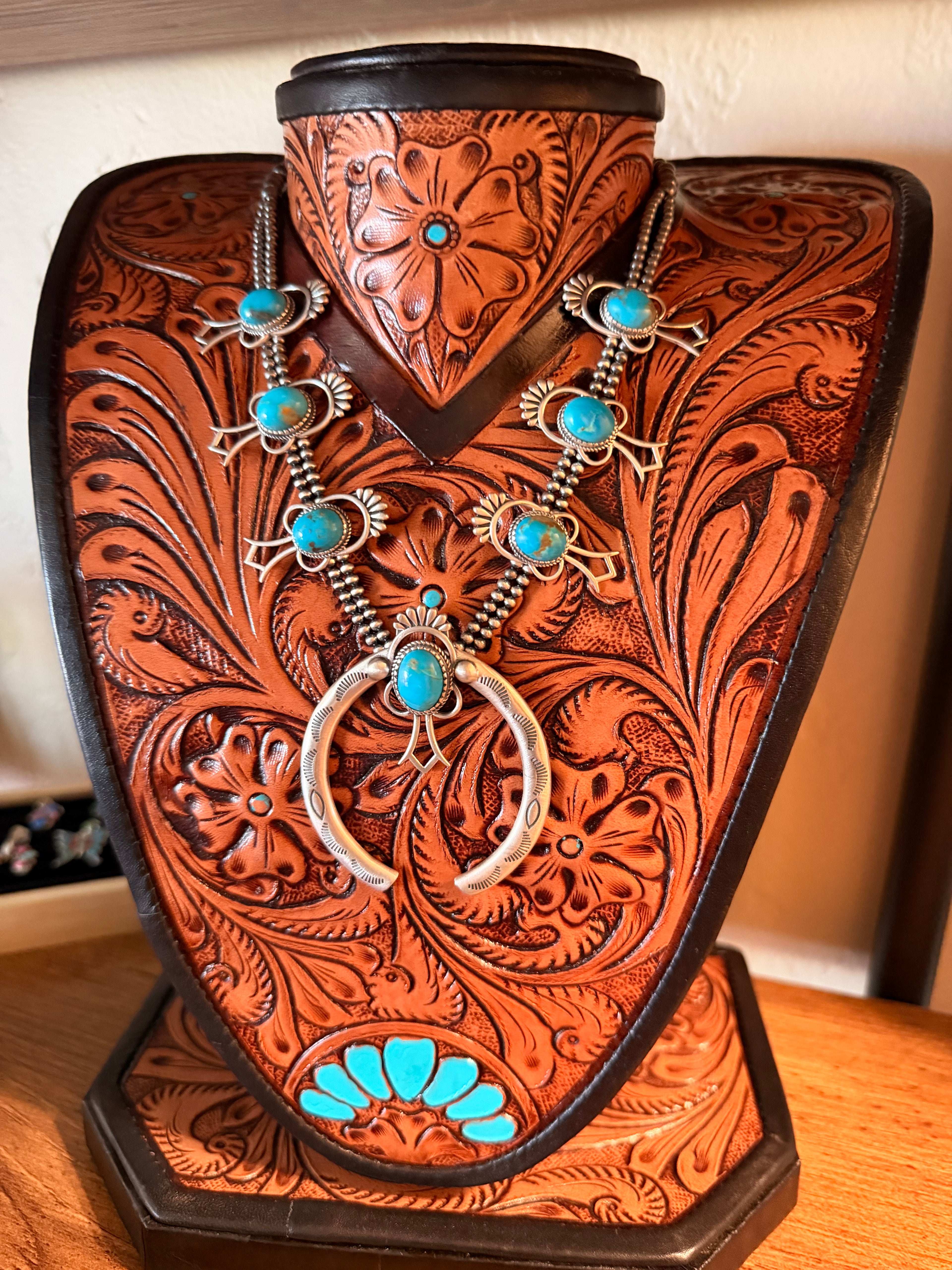 Handcrafted Kingman Turquoise Squash Blossom Necklace - 925 Sterling Silver