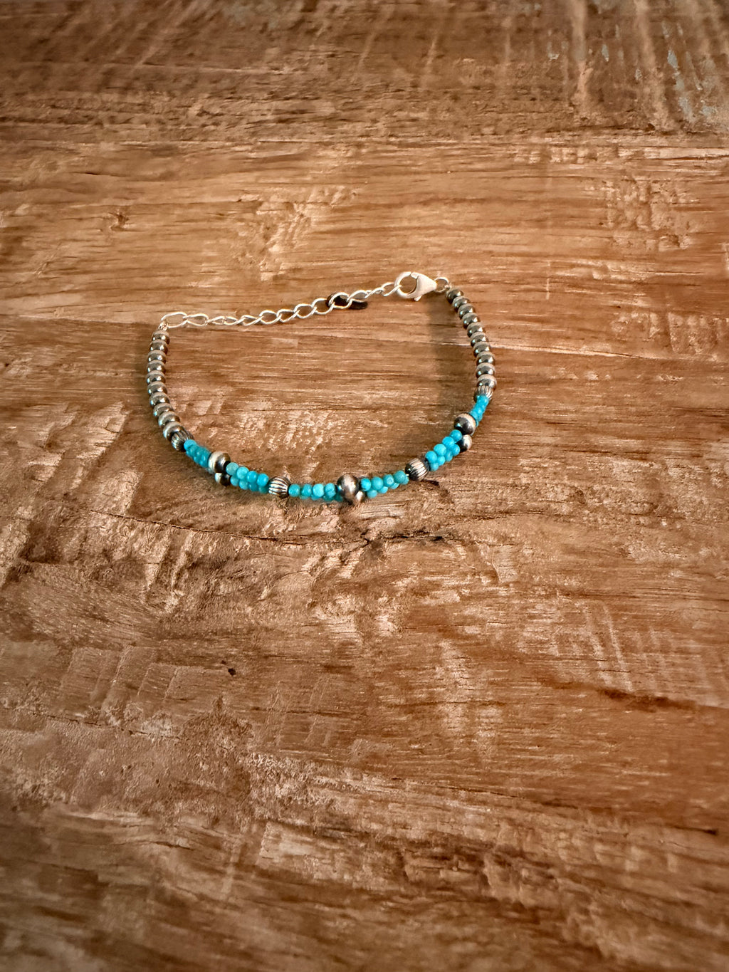 Handmade Kingman Turquoise and Sterling Silver Beaded Bracelet