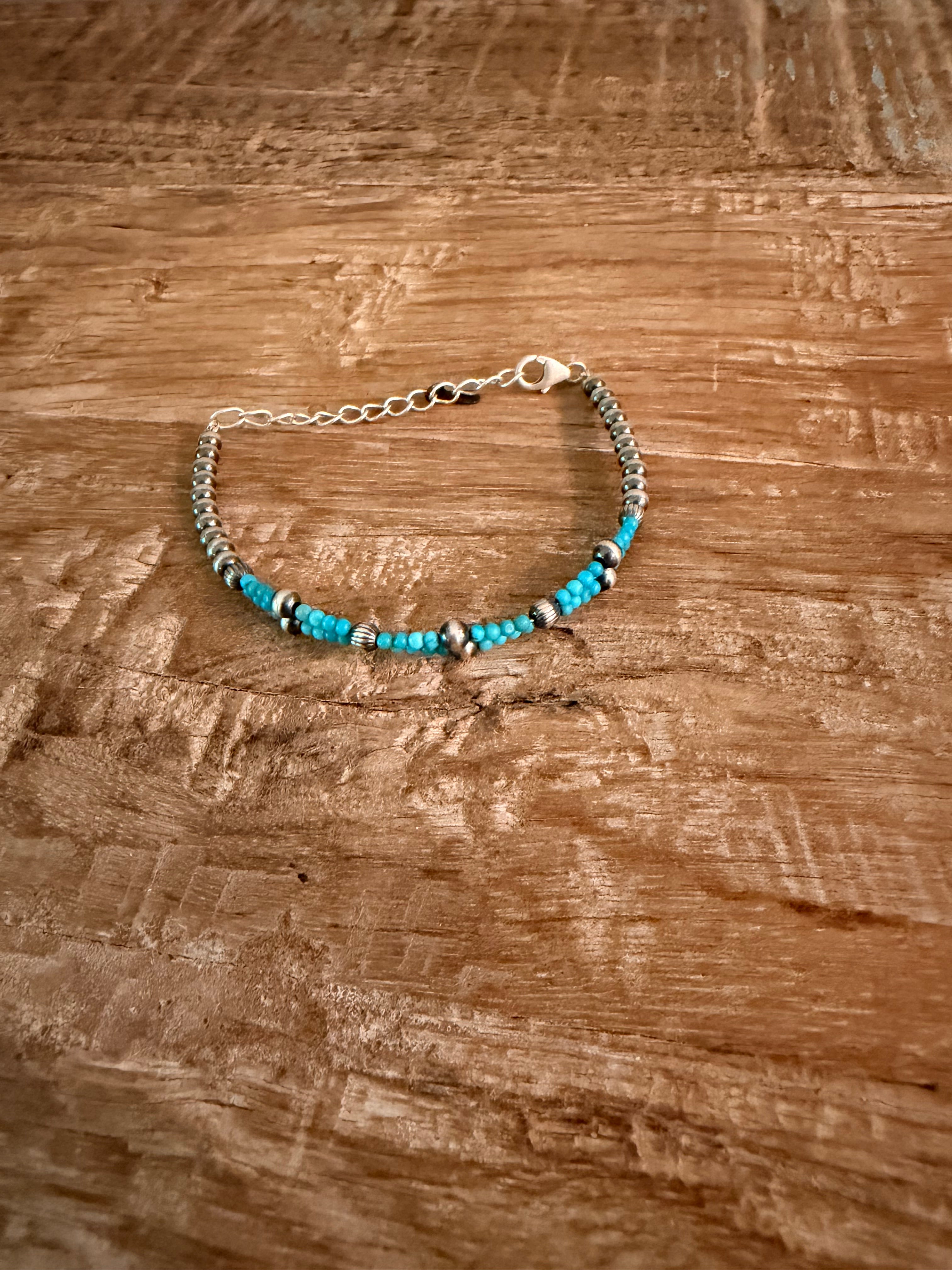 Handmade Kingman Turquoise and Sterling Silver Beaded Bracelet