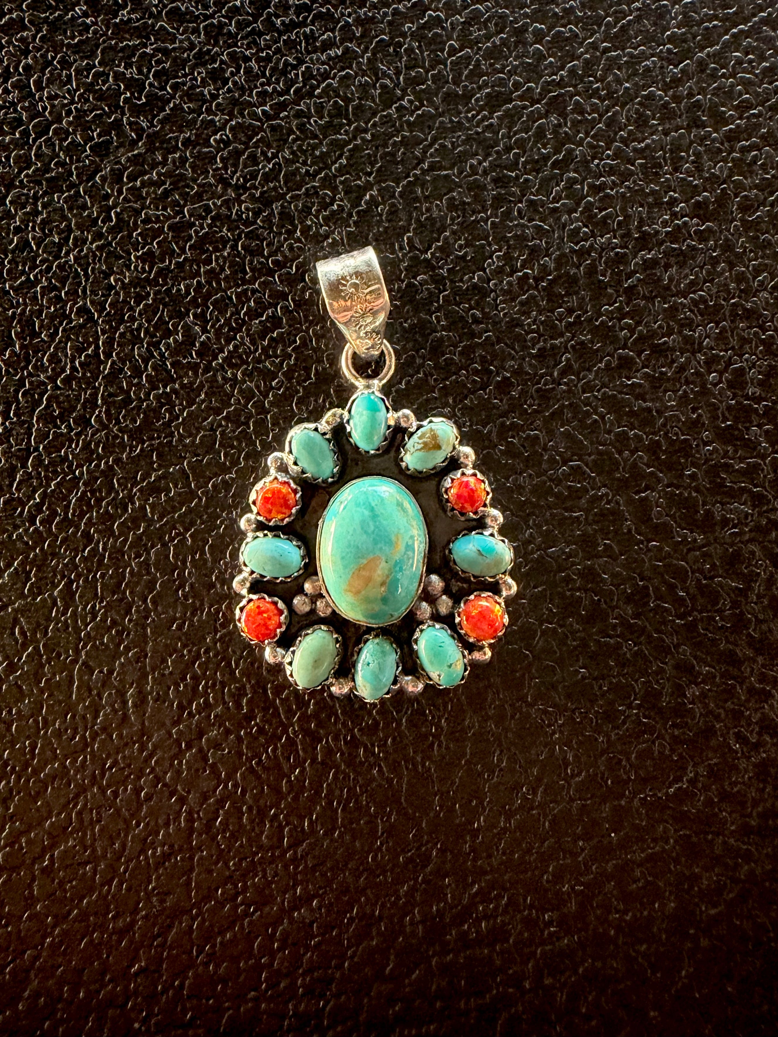 Kingman Turquoise and Fire Opal Pendant (Pendant Only)