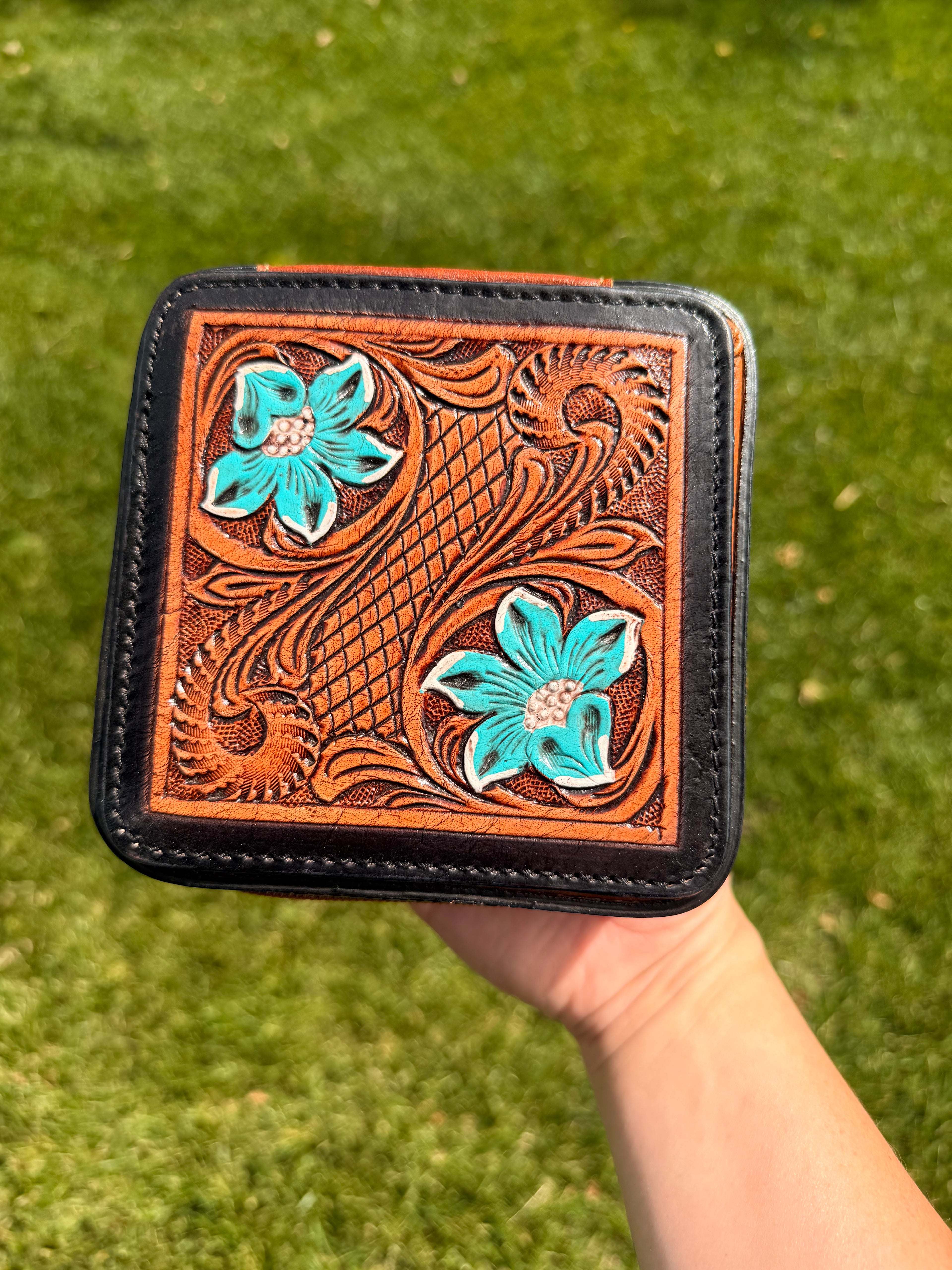 Tooled Hand-painted Leather Zip Jewelry Box