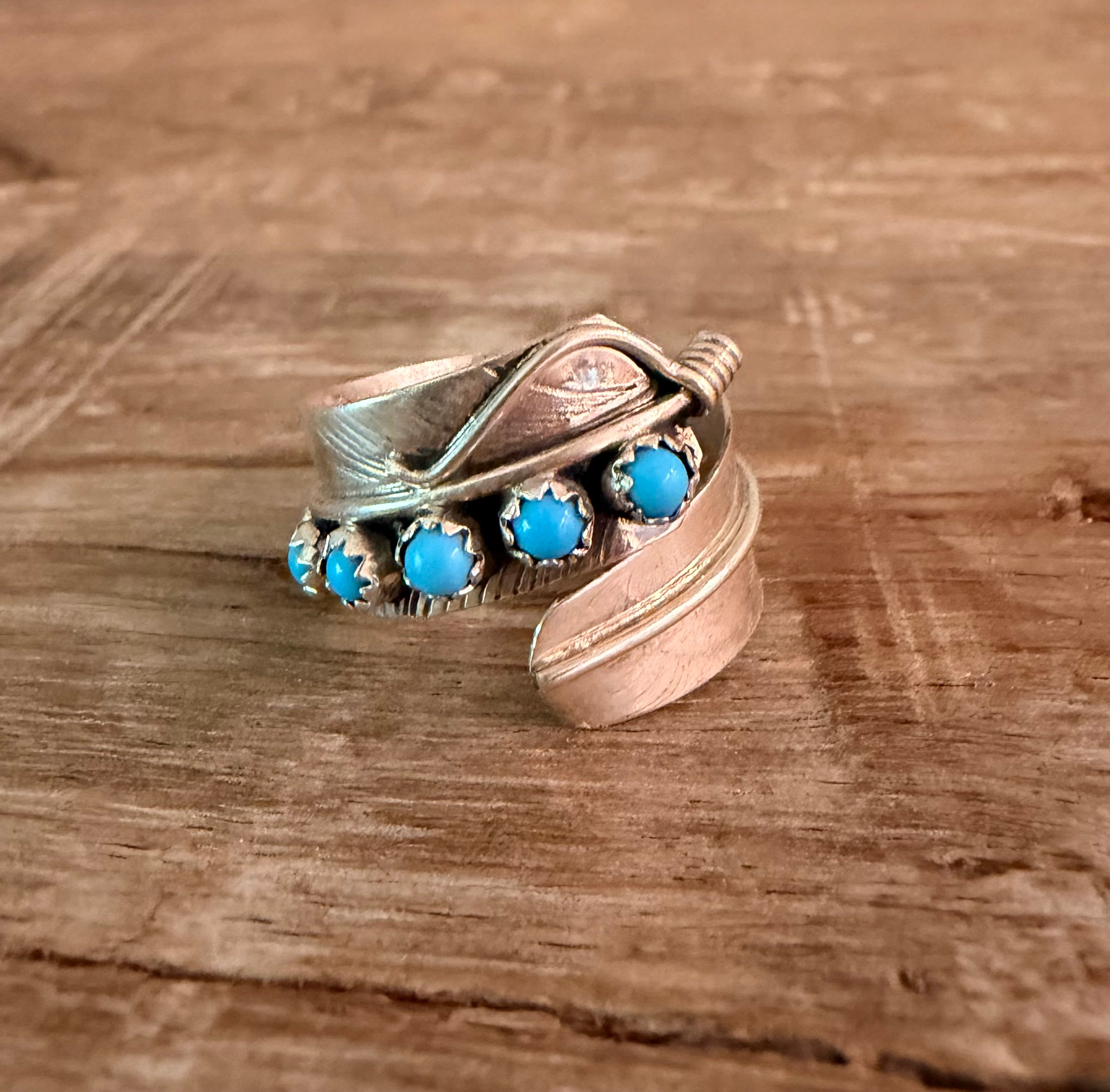 925 Sterling Silver Signed Kingman Turquoise Feather Ring- Adjustable