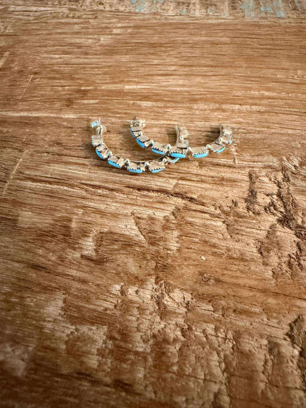 Kingman Turquoise and 925 Sterling Silver Half Hoop Earrings