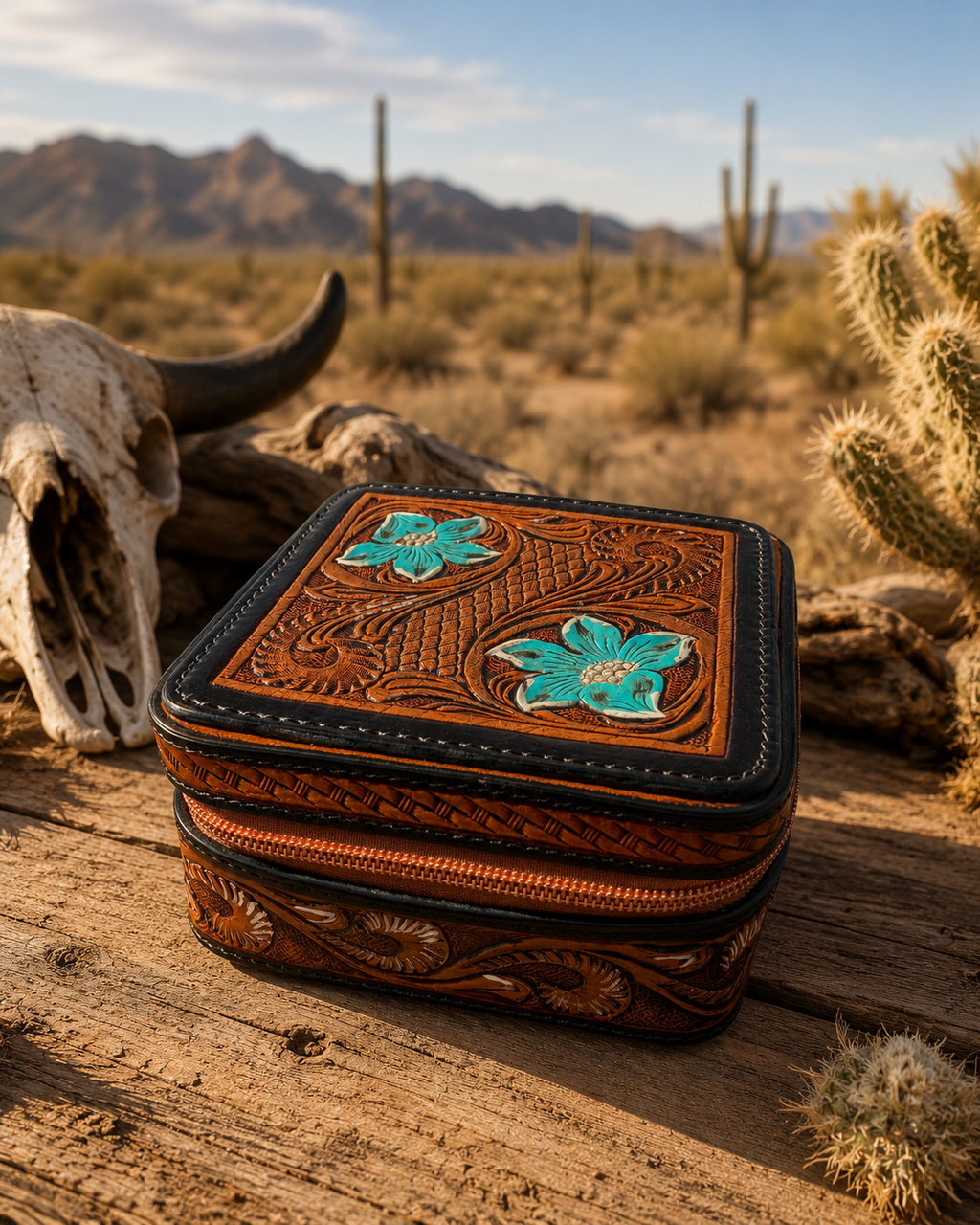 Tooled Hand-painted Leather Zip Jewelry Box