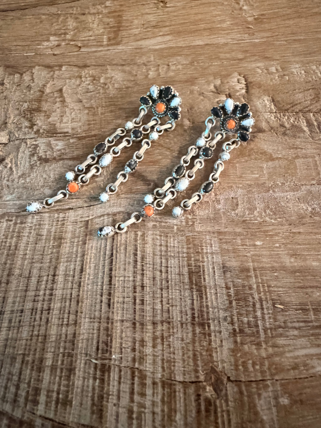 Orange Mojave and Black Onyx post Dangle Earrings