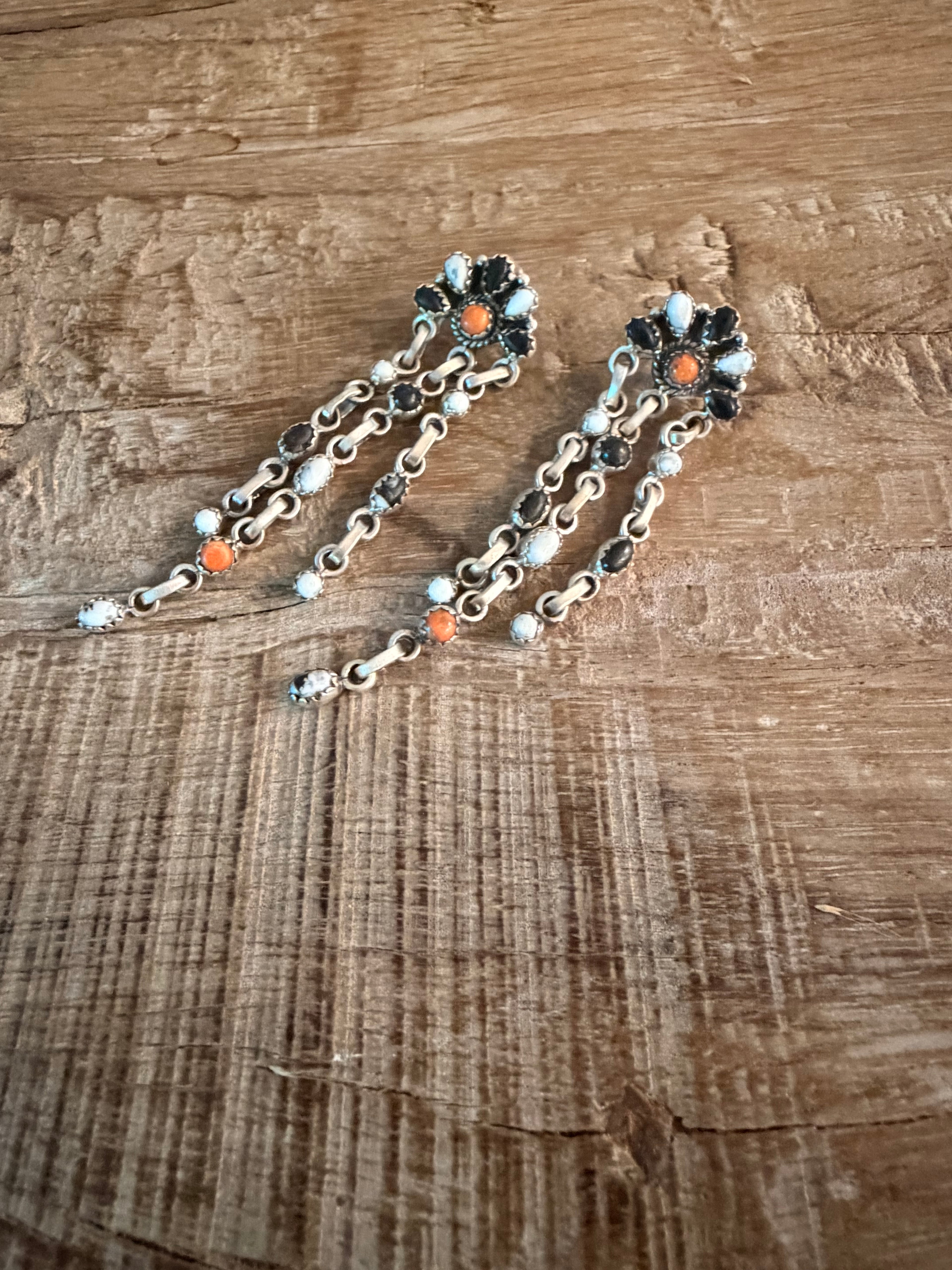 Orange Mojave and Black Onyx post Dangle Earrings