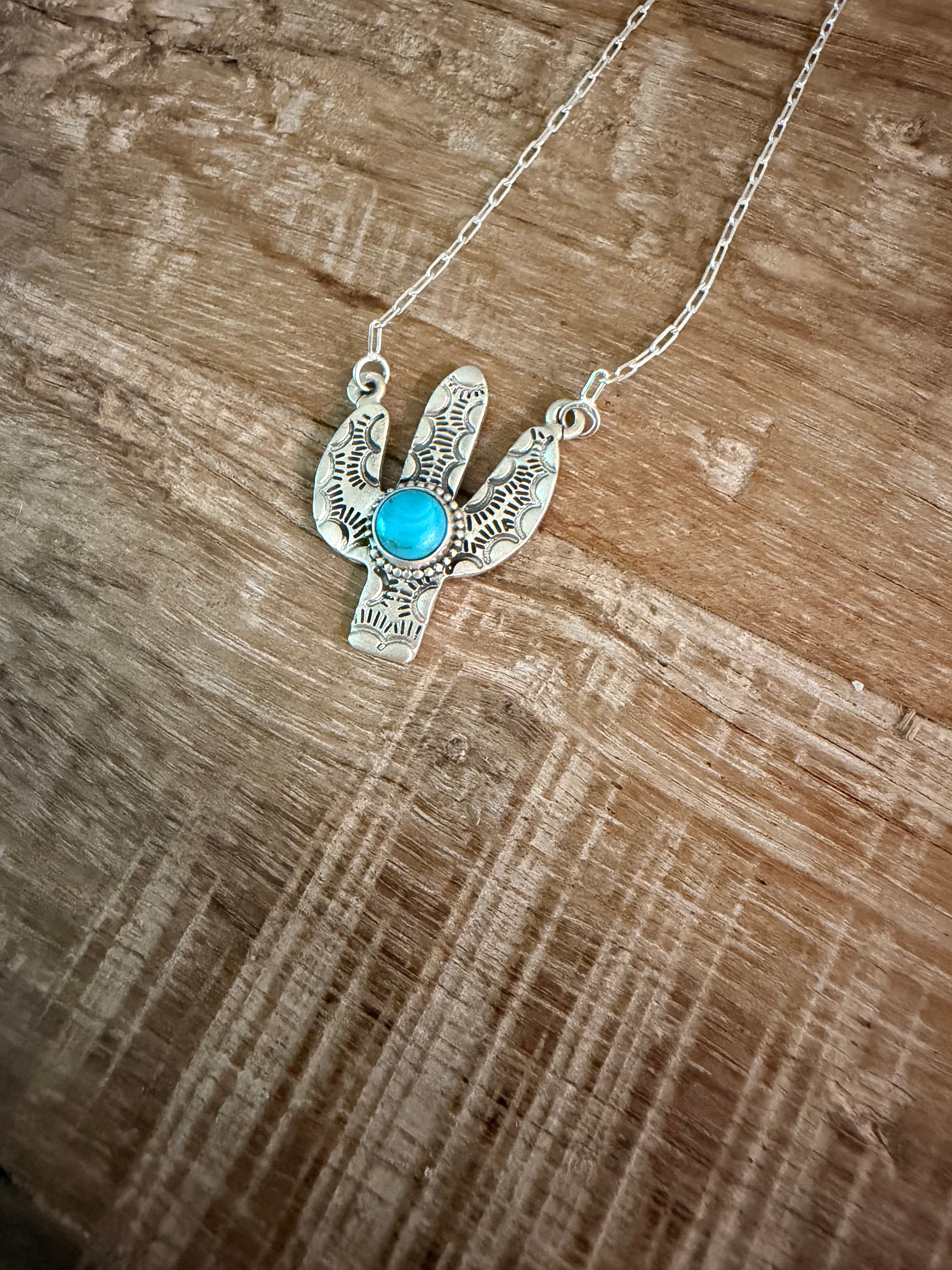 Handcrafted Sterling Silver and Kingman Turquoise Cactus Necklace