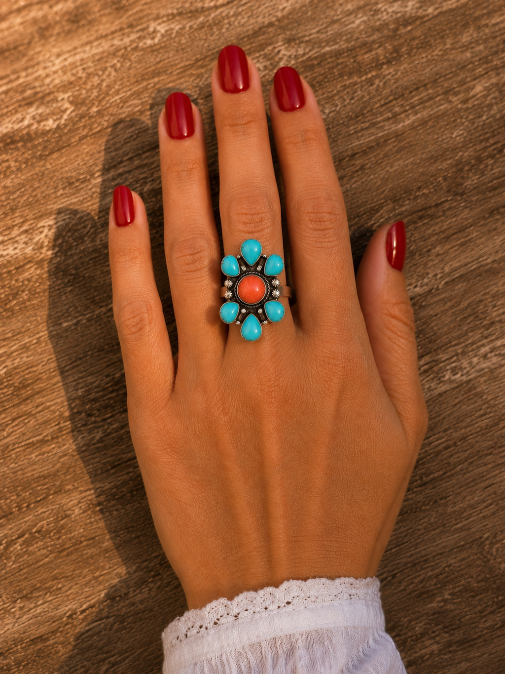 Handcrafted Kingman and Orange Spiny 925 Sterling Silver Adjustable Ring