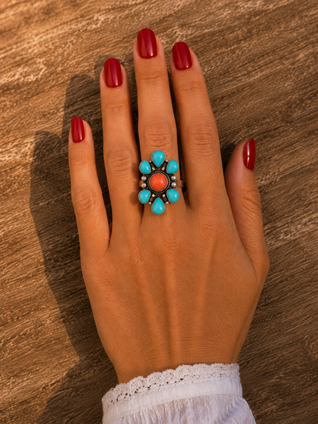 Handcrafted Kingman and Orange Spiny 925 Sterling Silver Adjustable Ring