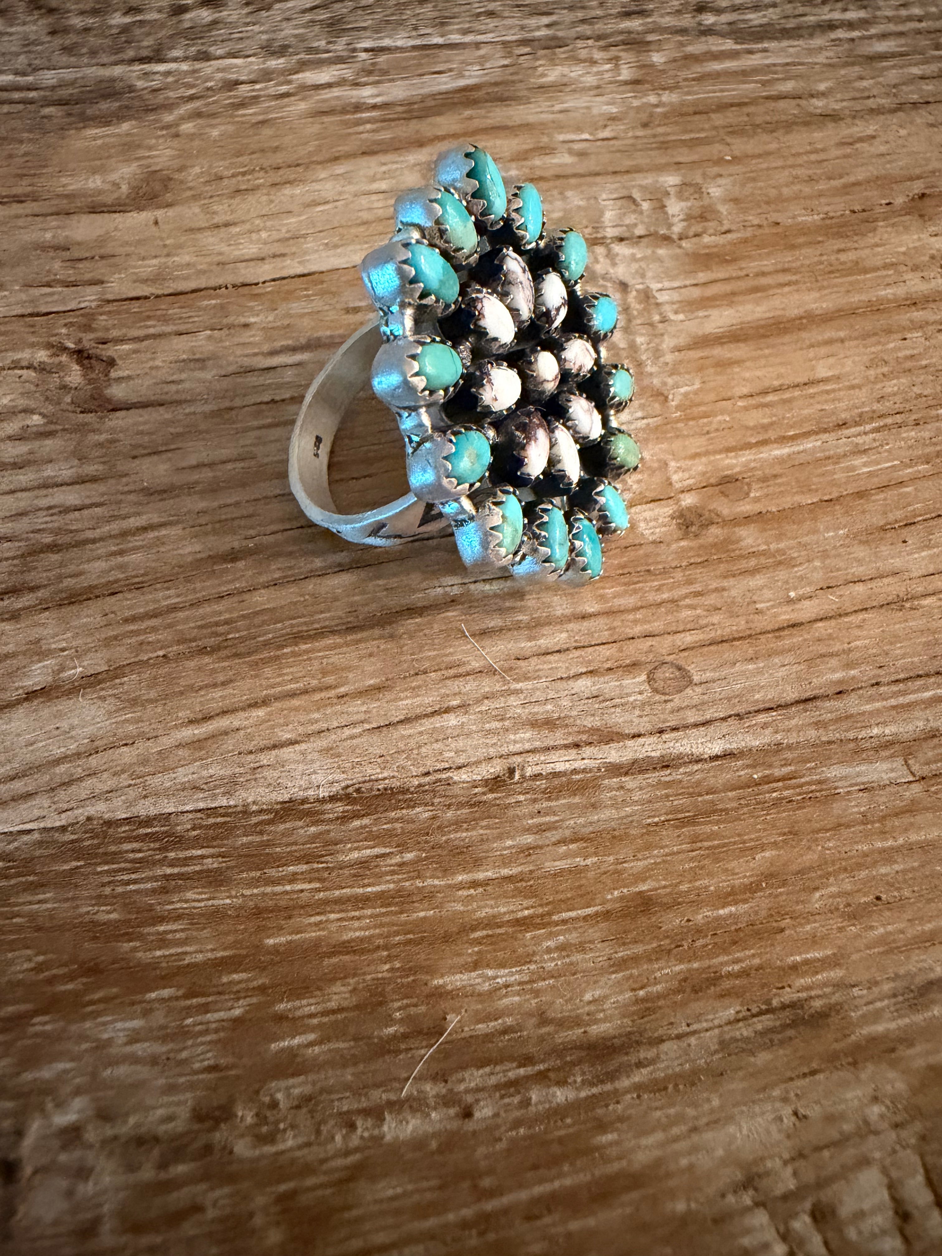 Kingman Turquoise, White Buffalo and 925 Sterling Silver Adj Ring
