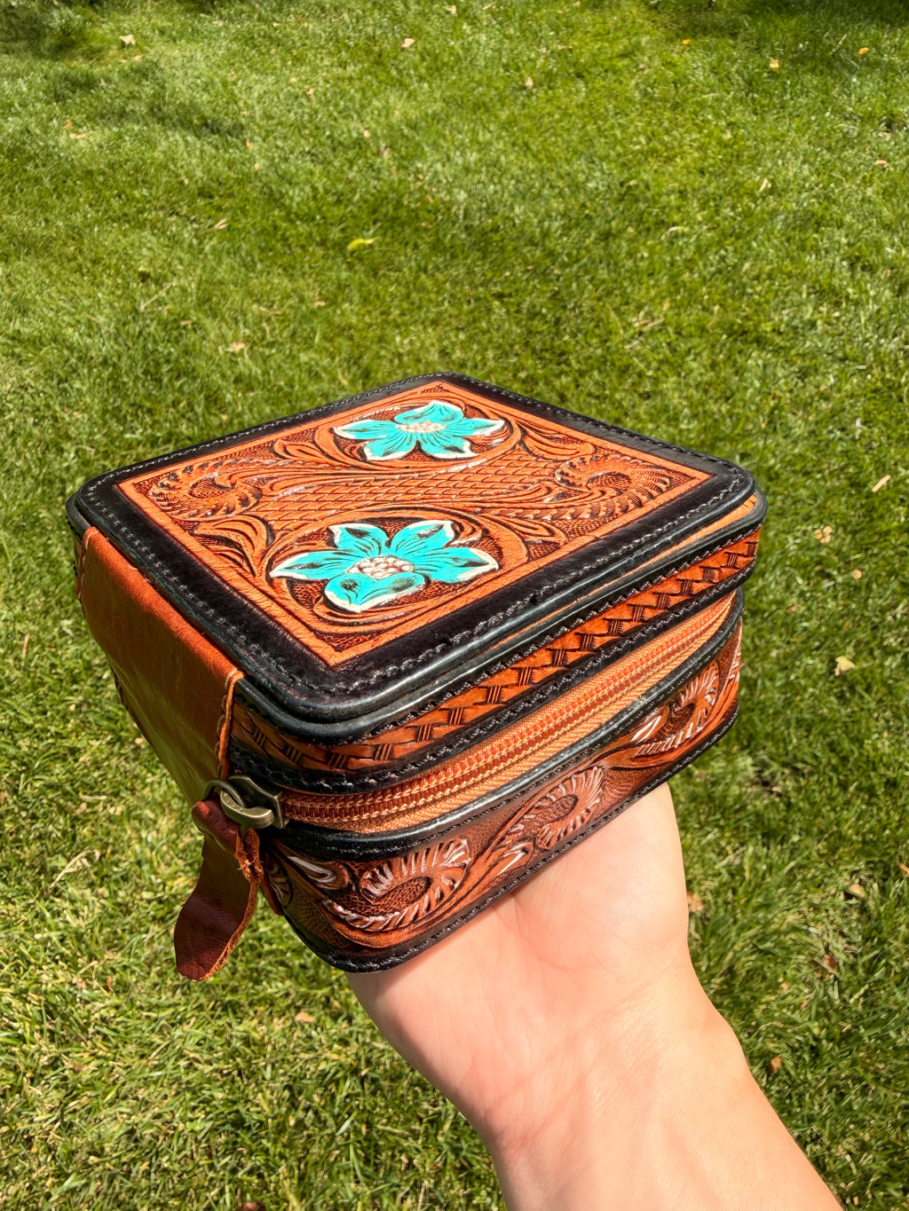 Tooled Hand-painted Leather Zip Jewelry Box