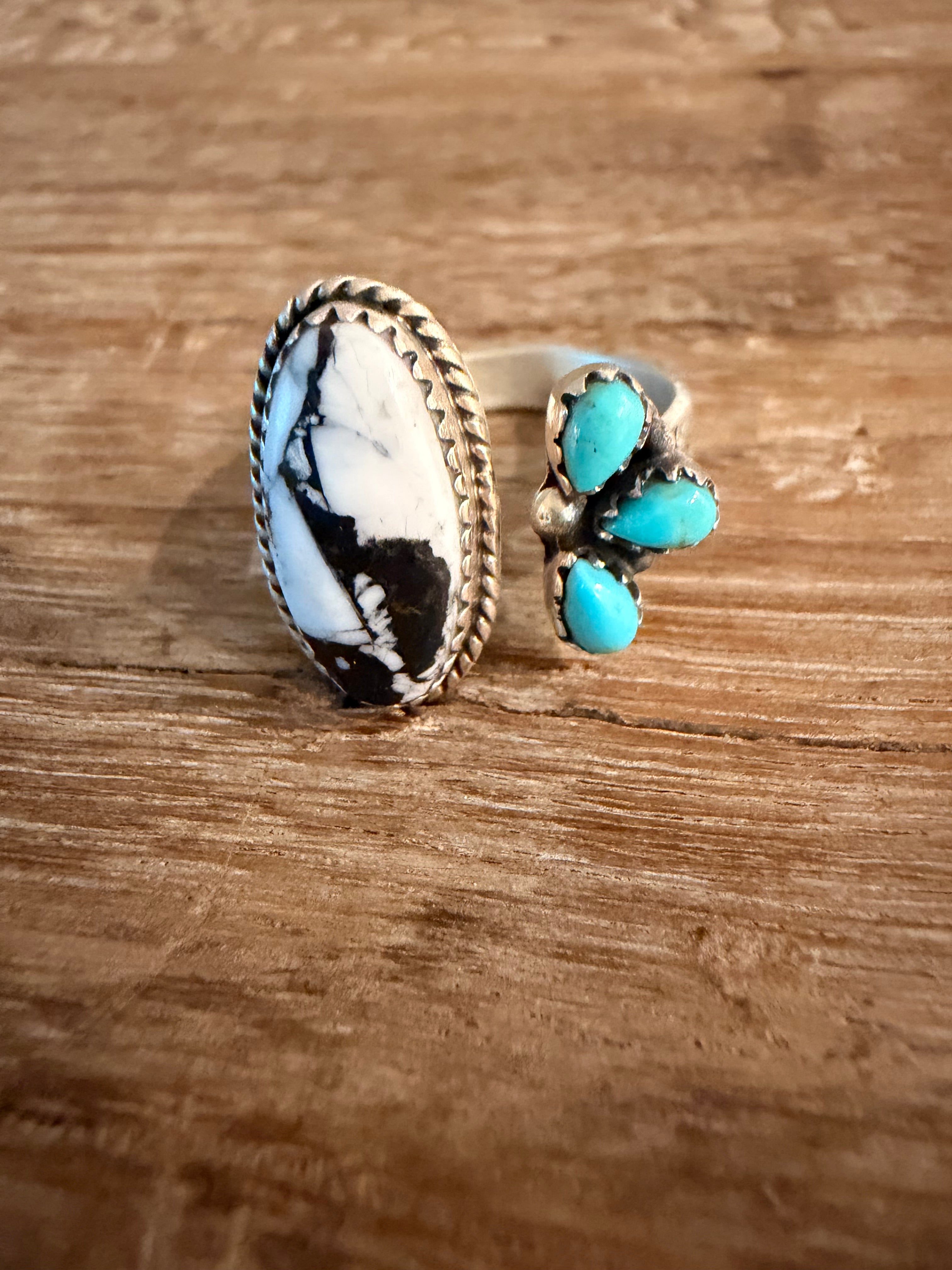 White Buffalo and Kingman Turquoise Floater Adj. Ring