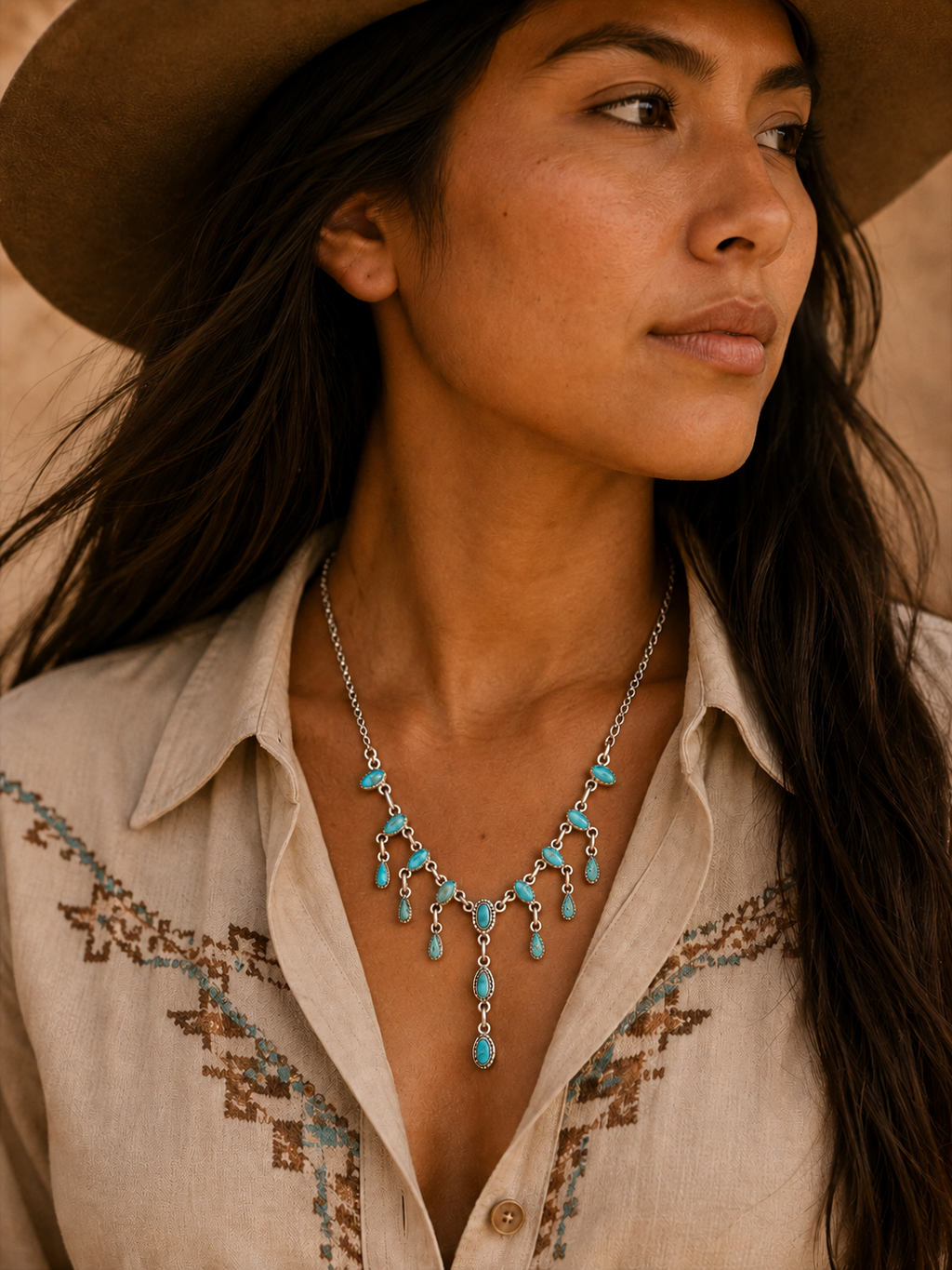 Genuine Turquoise Teardrop and 925 Sterling Silver Statement Necklace
