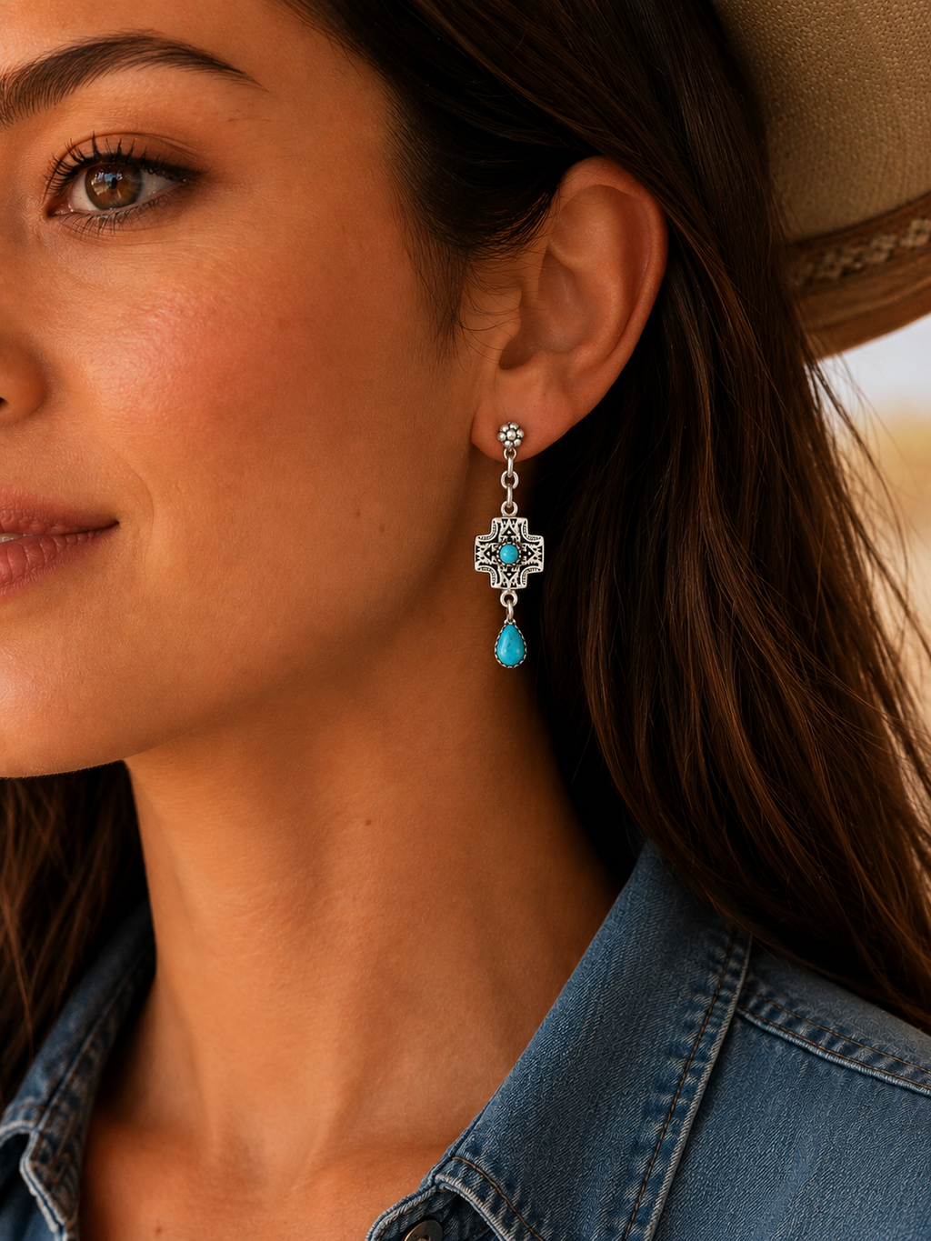 Kingman Turquoise and Sterling Silver Post Dangle Flatlay Cross Earrings