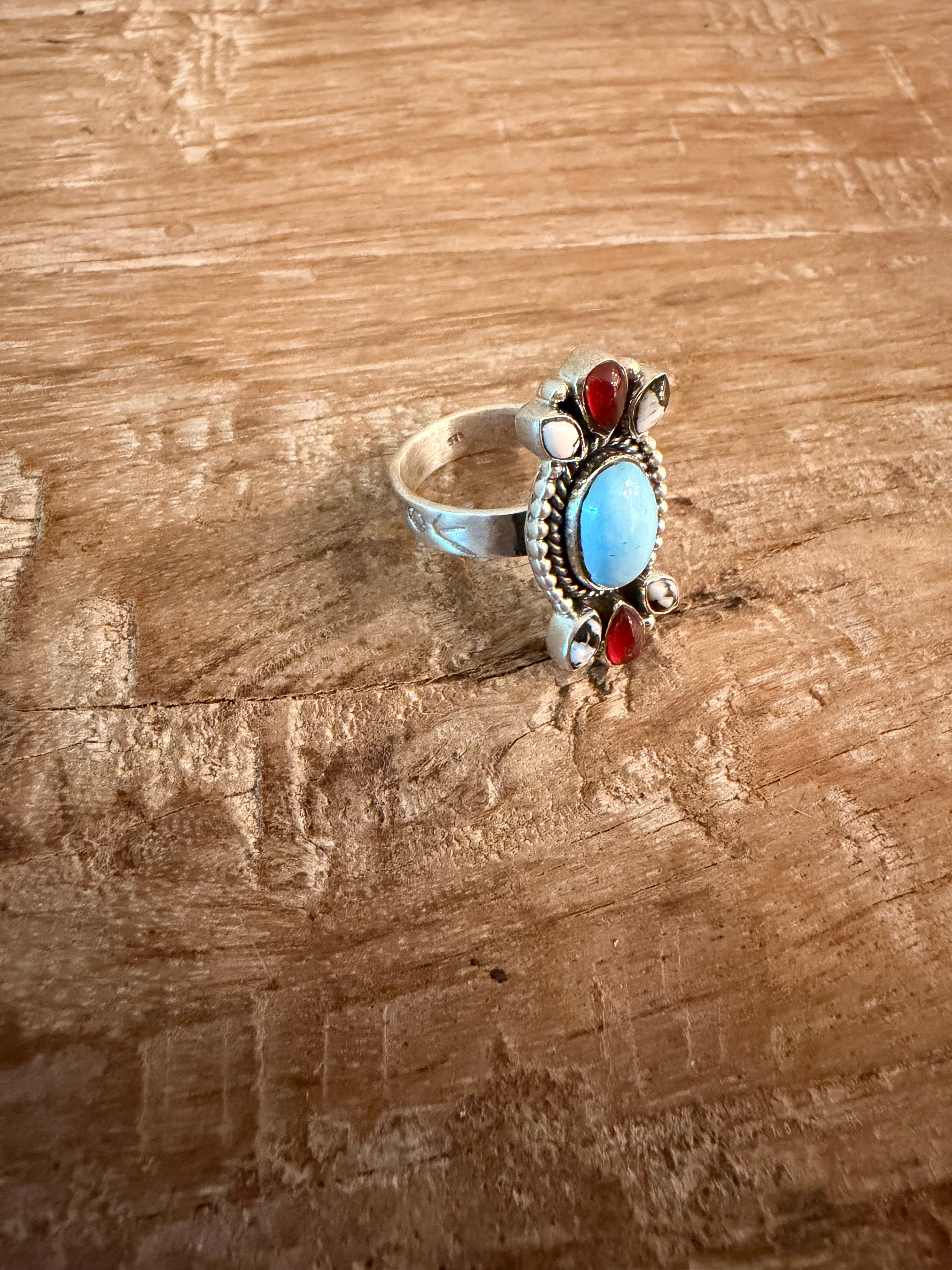 Golden Hills Turquoise with White Buffalo and Carnelian Adj. Ring