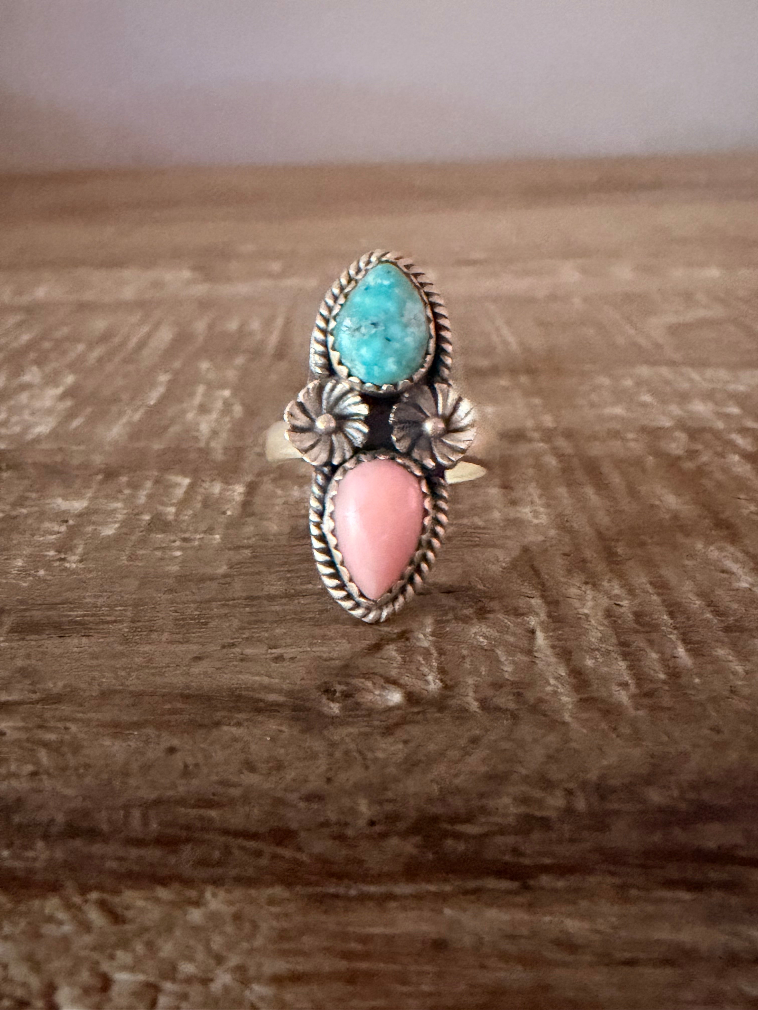 Kingman and Pink Conch 925 Sterling Silver Adj. Ring