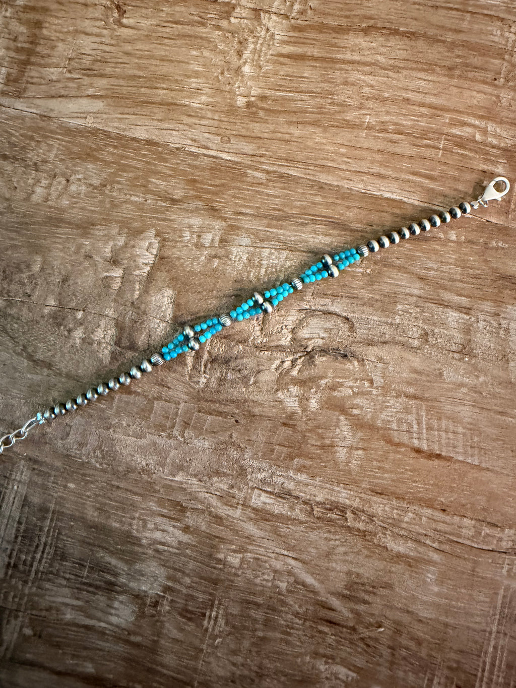 Handmade Kingman Turquoise and Sterling Silver Beaded Bracelet