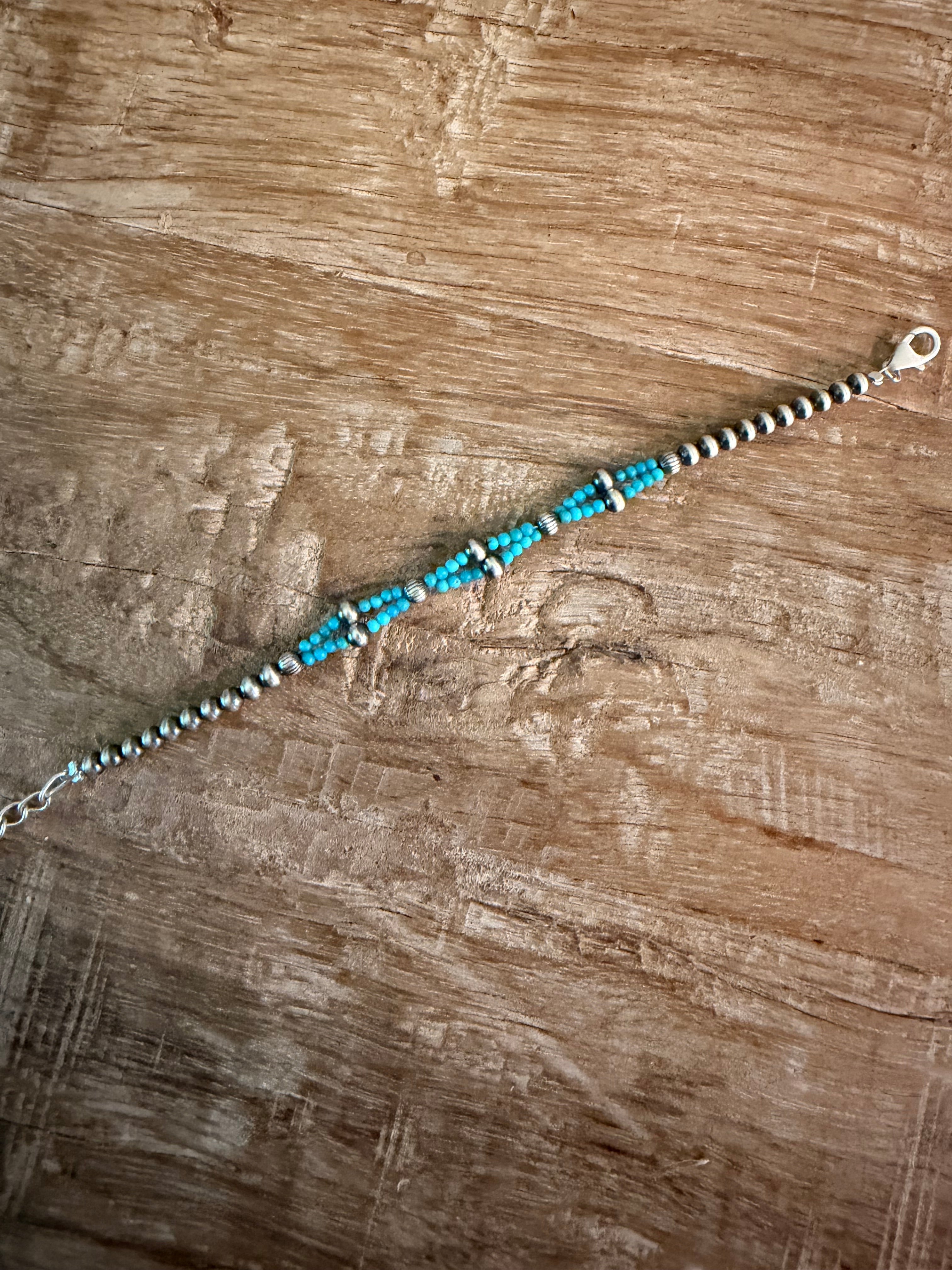 Handmade Kingman Turquoise and Sterling Silver Beaded Bracelet