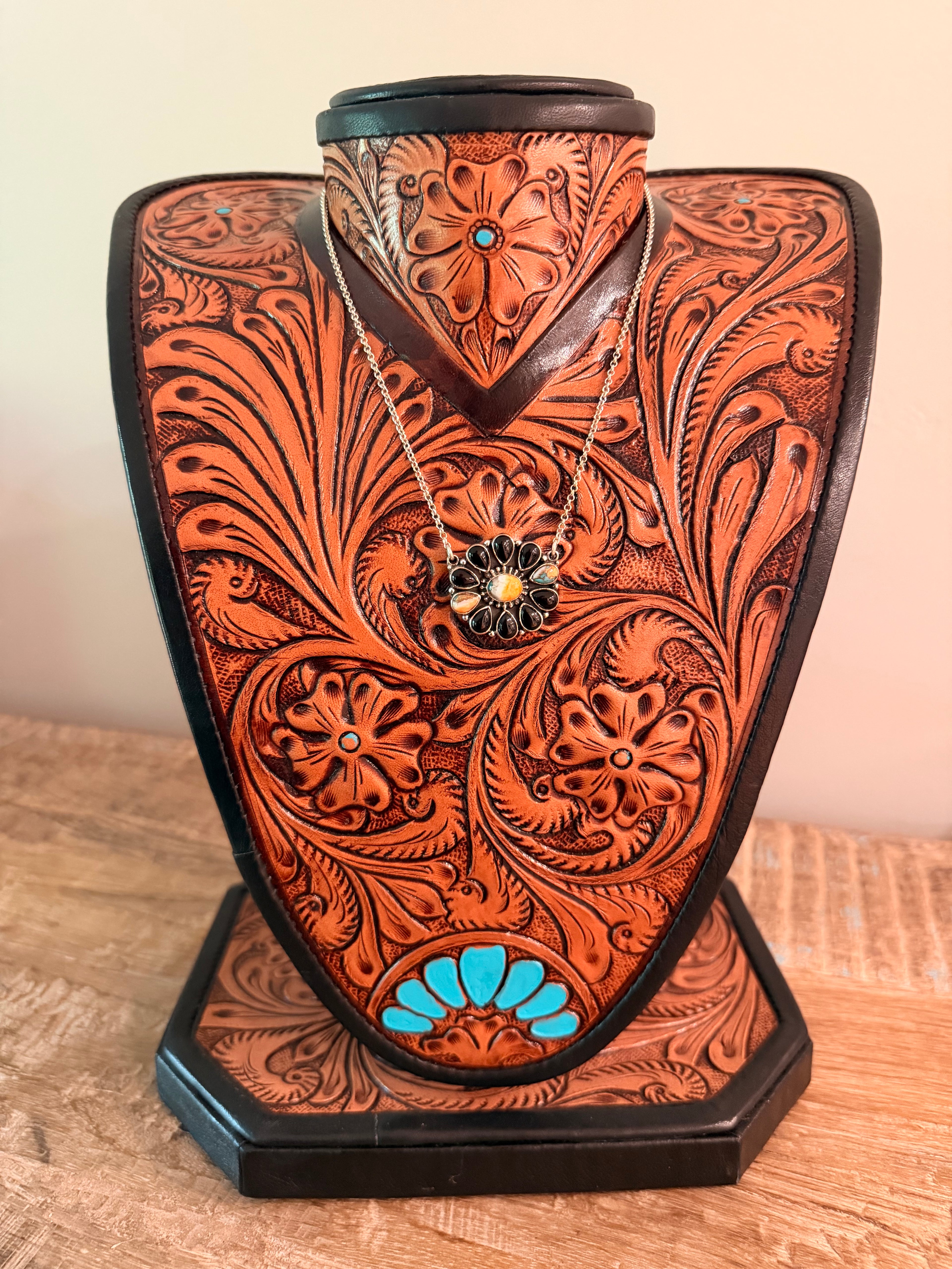 Black Onyx and Orange Mojave Cluster Necklace