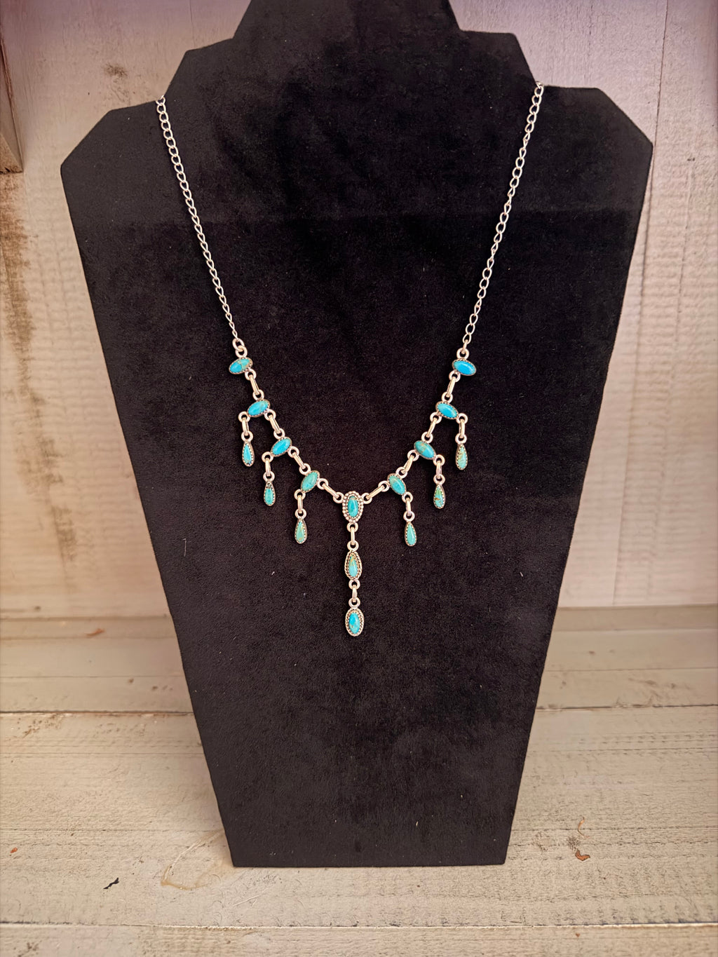 Genuine Turquoise Teardrop and 925 Sterling Silver Statement Necklace