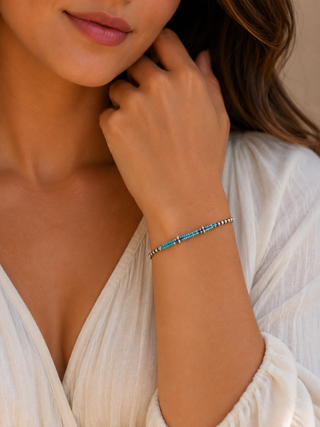 Handmade Kingman Turquoise and Sterling Silver Beaded Bracelet