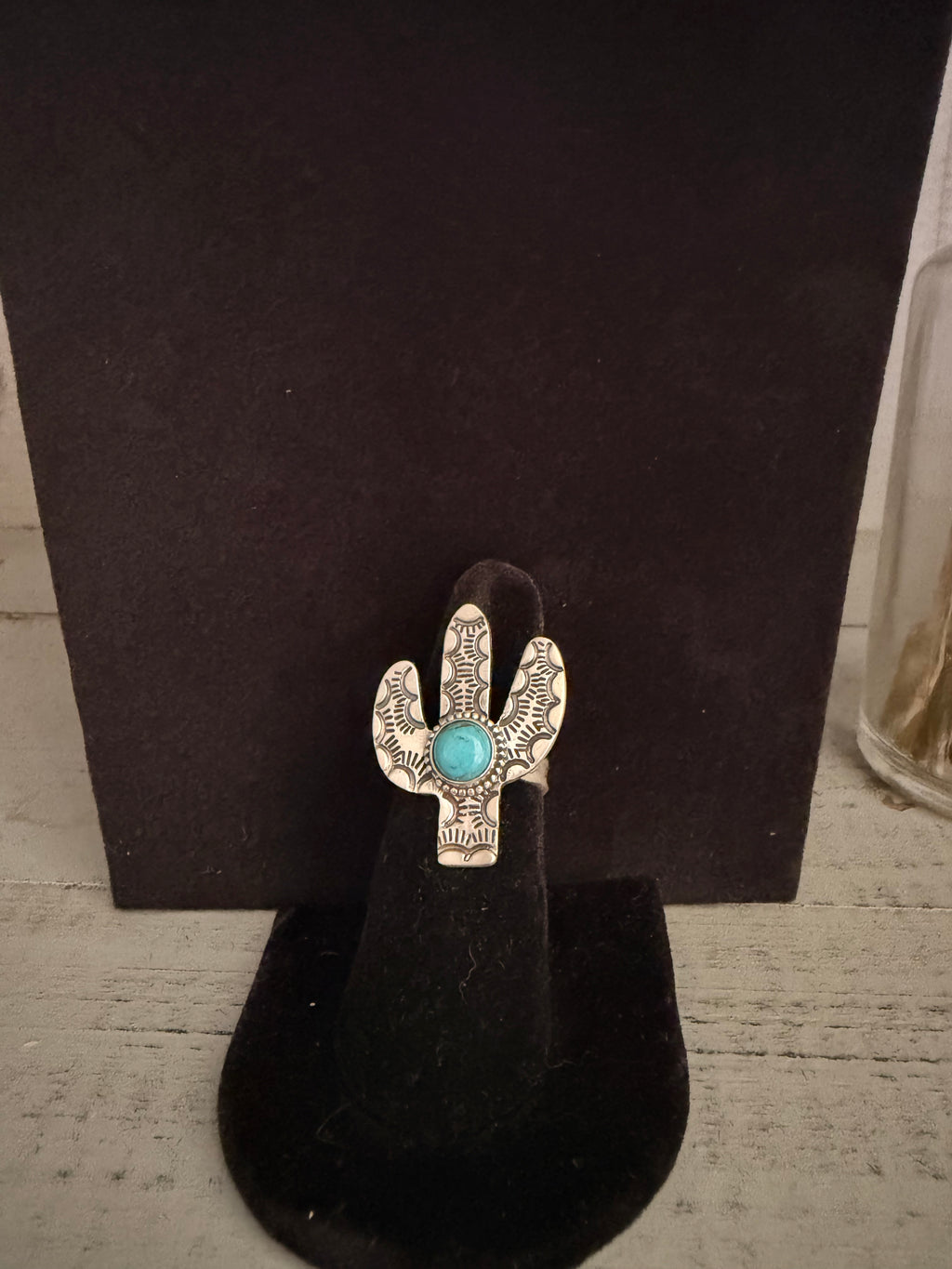 925 Sterling Silver and Kingman Turquoise Adj. Cactus Ring