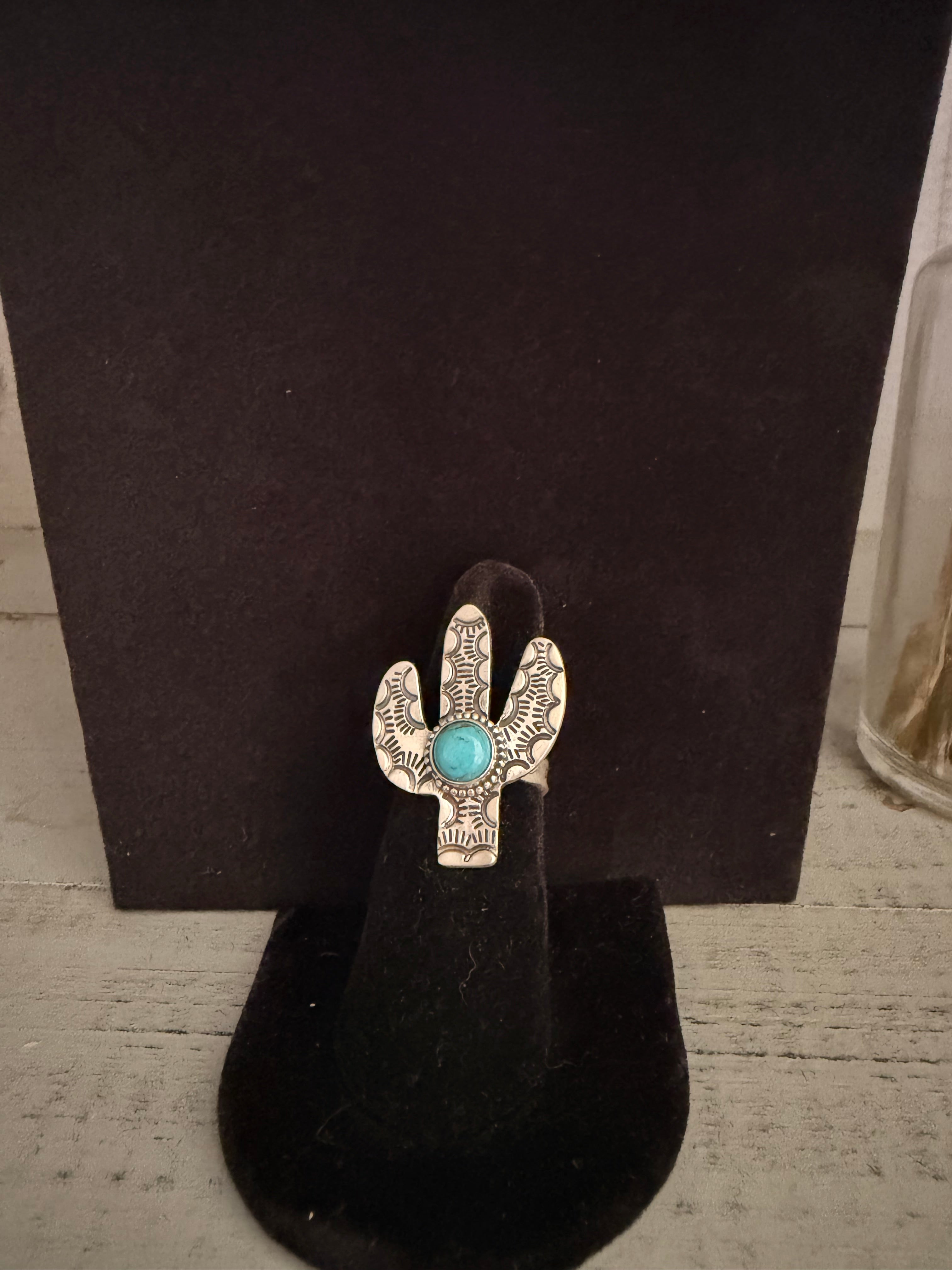925 Sterling Silver and Kingman Turquoise Adj. Cactus Ring