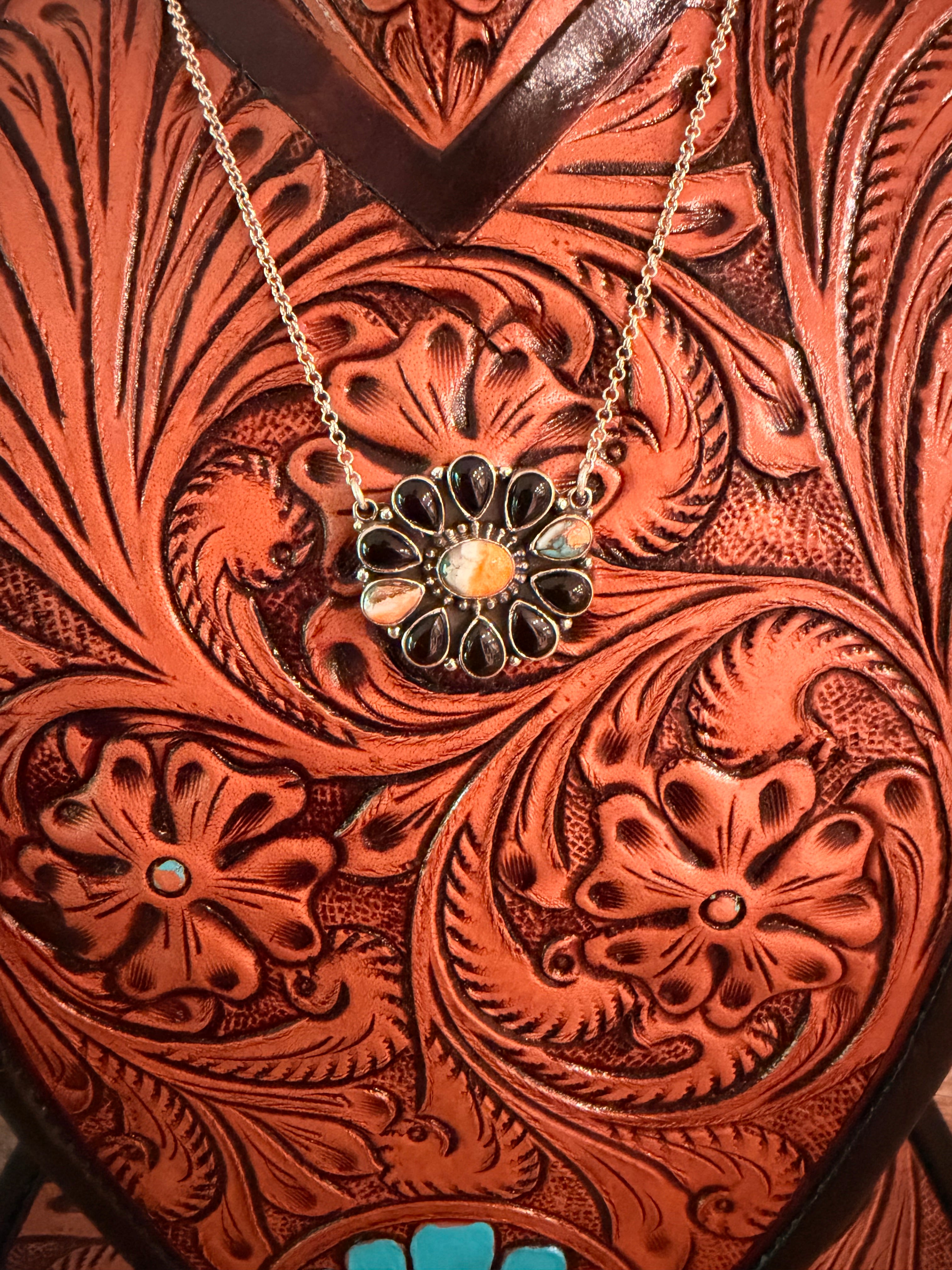 Black Onyx and Orange Mojave Cluster Necklace