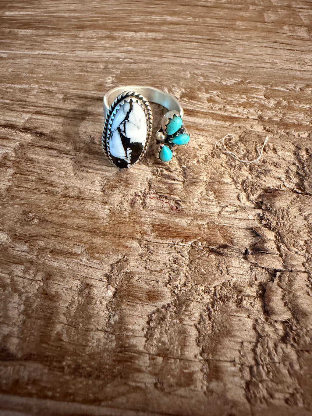 White Buffalo and Kingman Turquoise Floater Adj. Ring