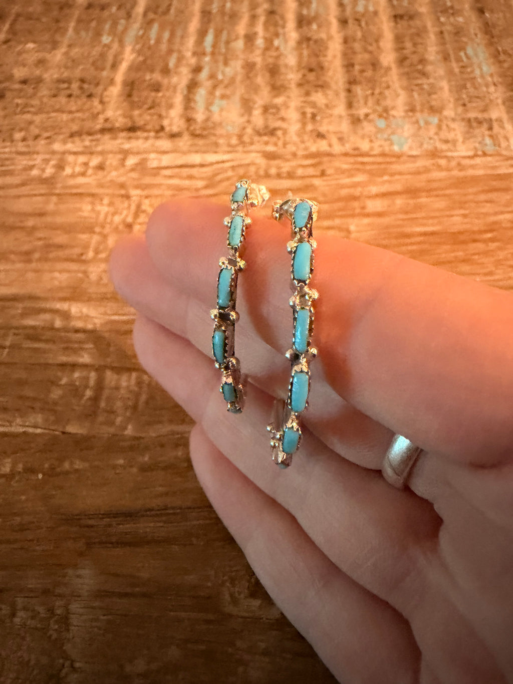Kingman Turquoise and 925 Sterling Silver Half Hoop Earrings