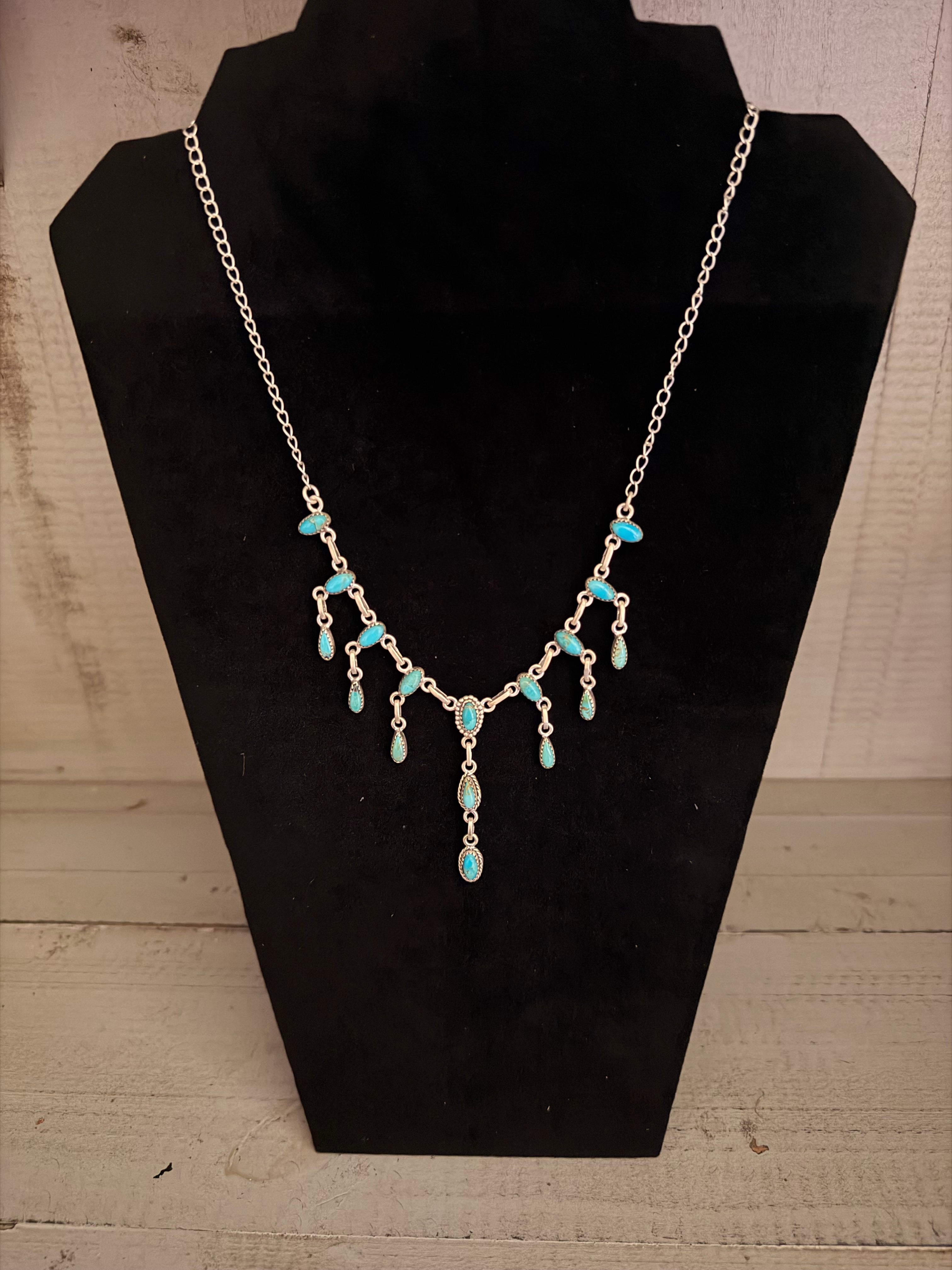 Genuine Turquoise Teardrop and 925 Sterling Silver Statement Necklace