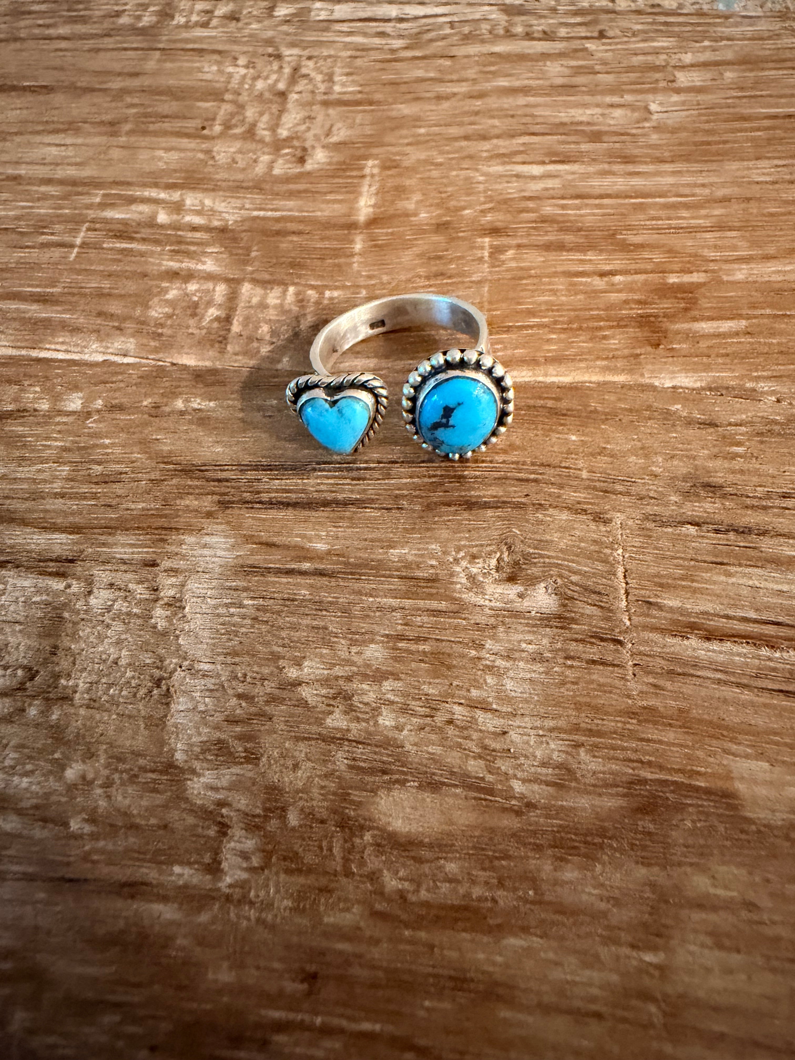 Bright Blue Kingman TurquoiseFloater Heart and Oval Stone Ring