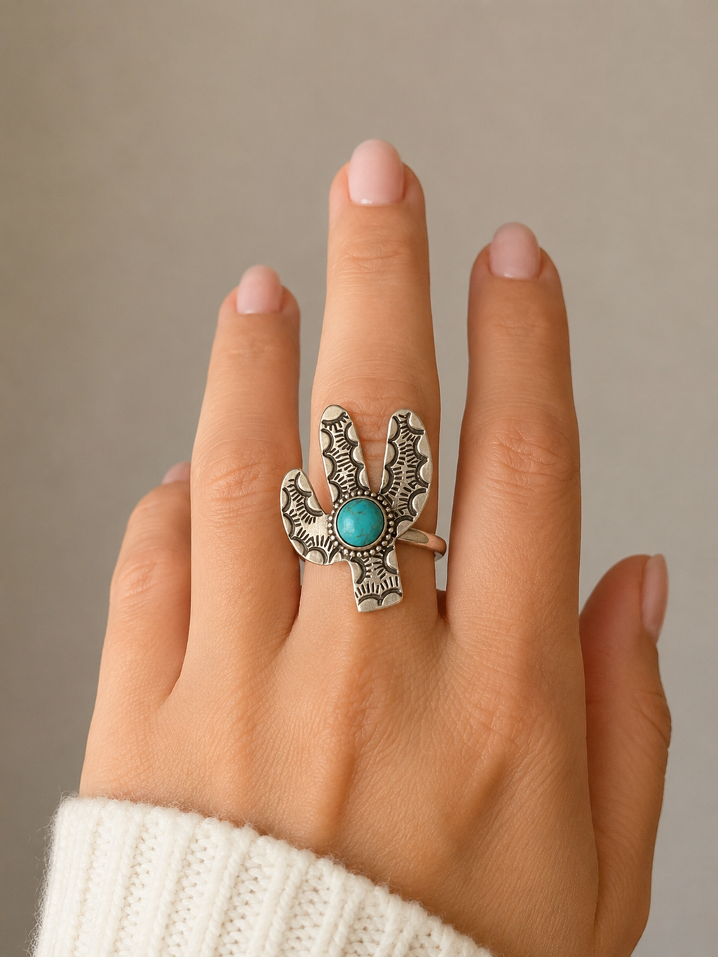 925 Sterling Silver and Kingman Turquoise Adj. Cactus Ring