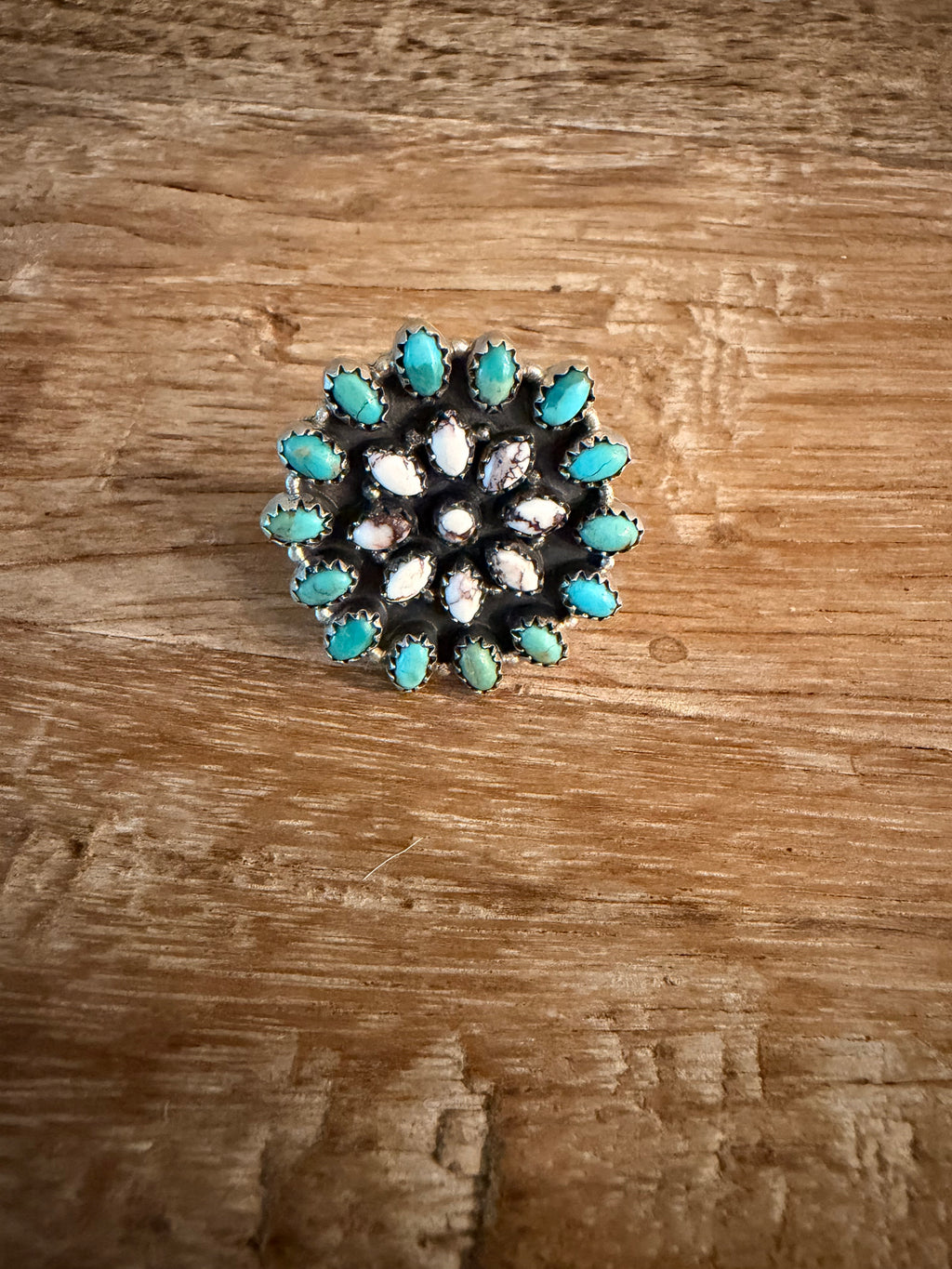 Kingman Turquoise, White Buffalo and 925 Sterling Silver Adj Ring