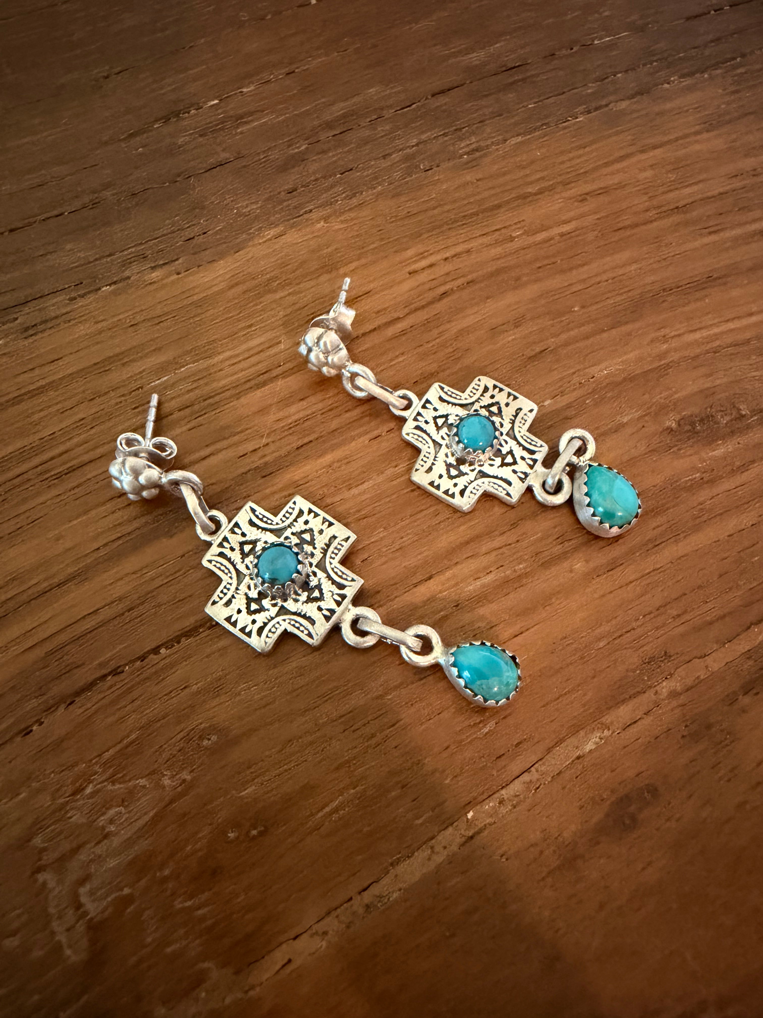Kingman Turquoise and Sterling Silver Post Dangle Flatlay Cross Earrings