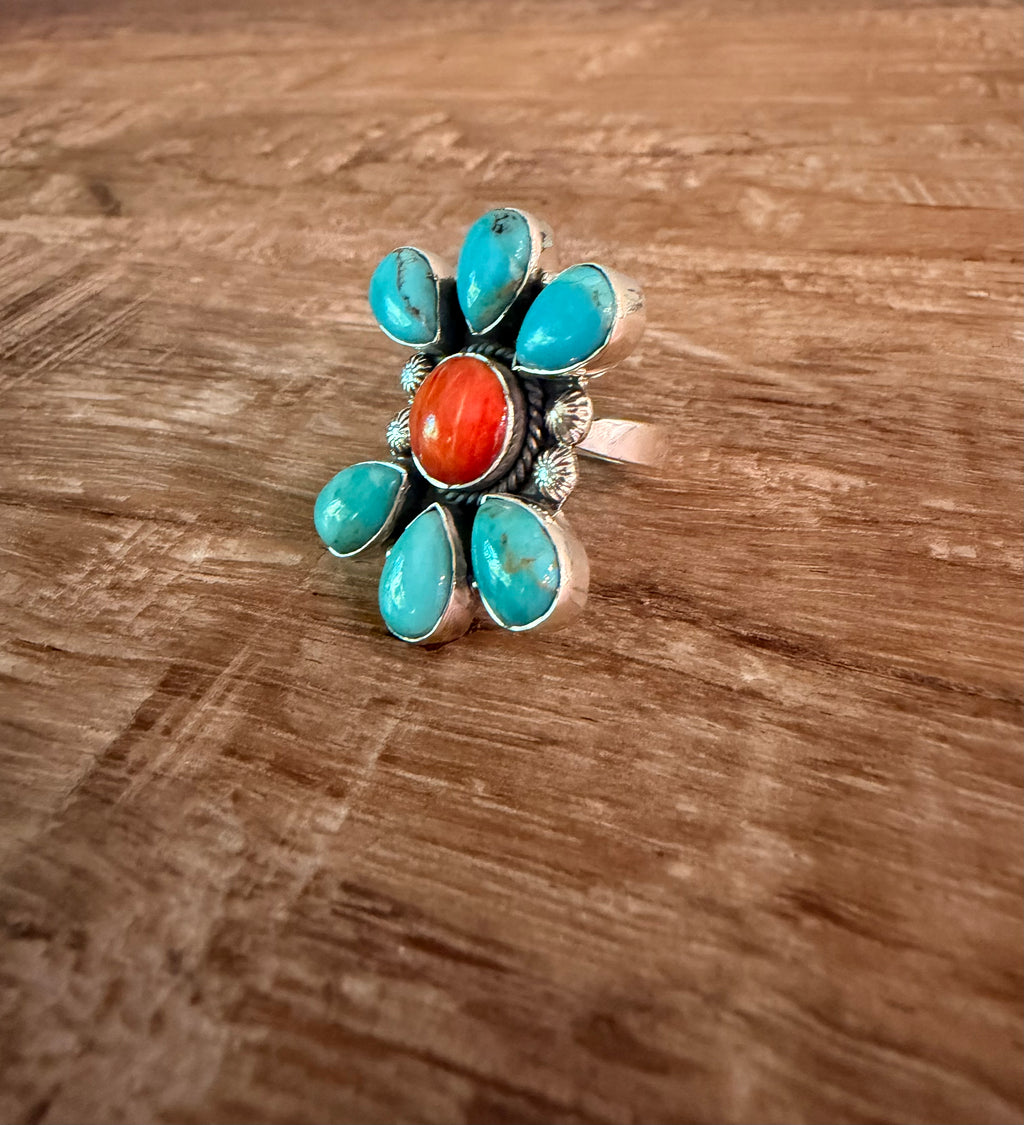 Handcrafted Kingman and Orange Spiny 925 Sterling Silver Adjustable Ring
