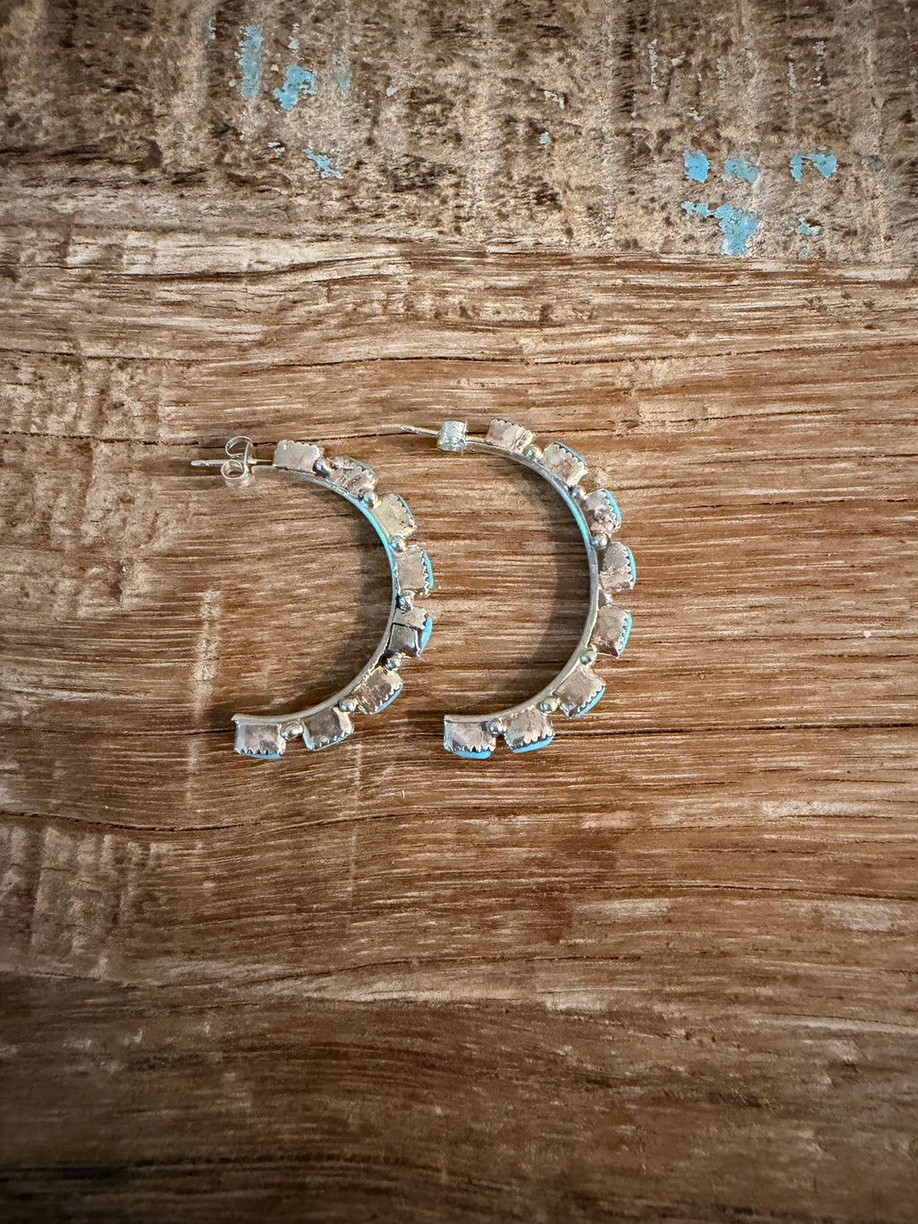 Kingman Turquoise and 925 Sterling Silver Half Hoop Earrings