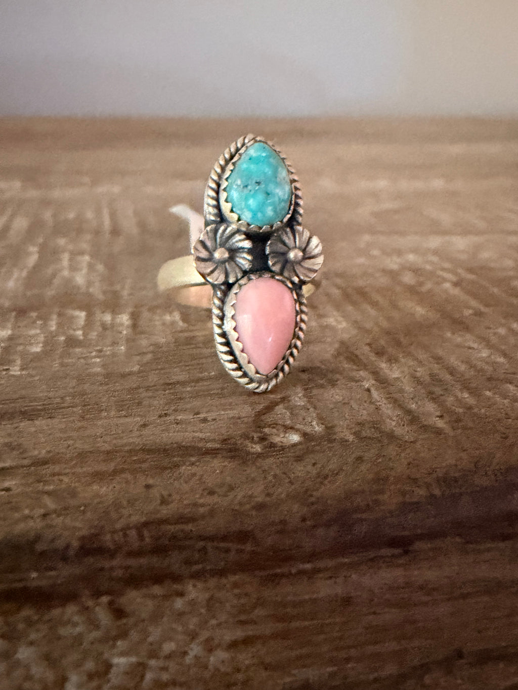 Kingman and Pink Conch 925 Sterling Silver Adj. Ring