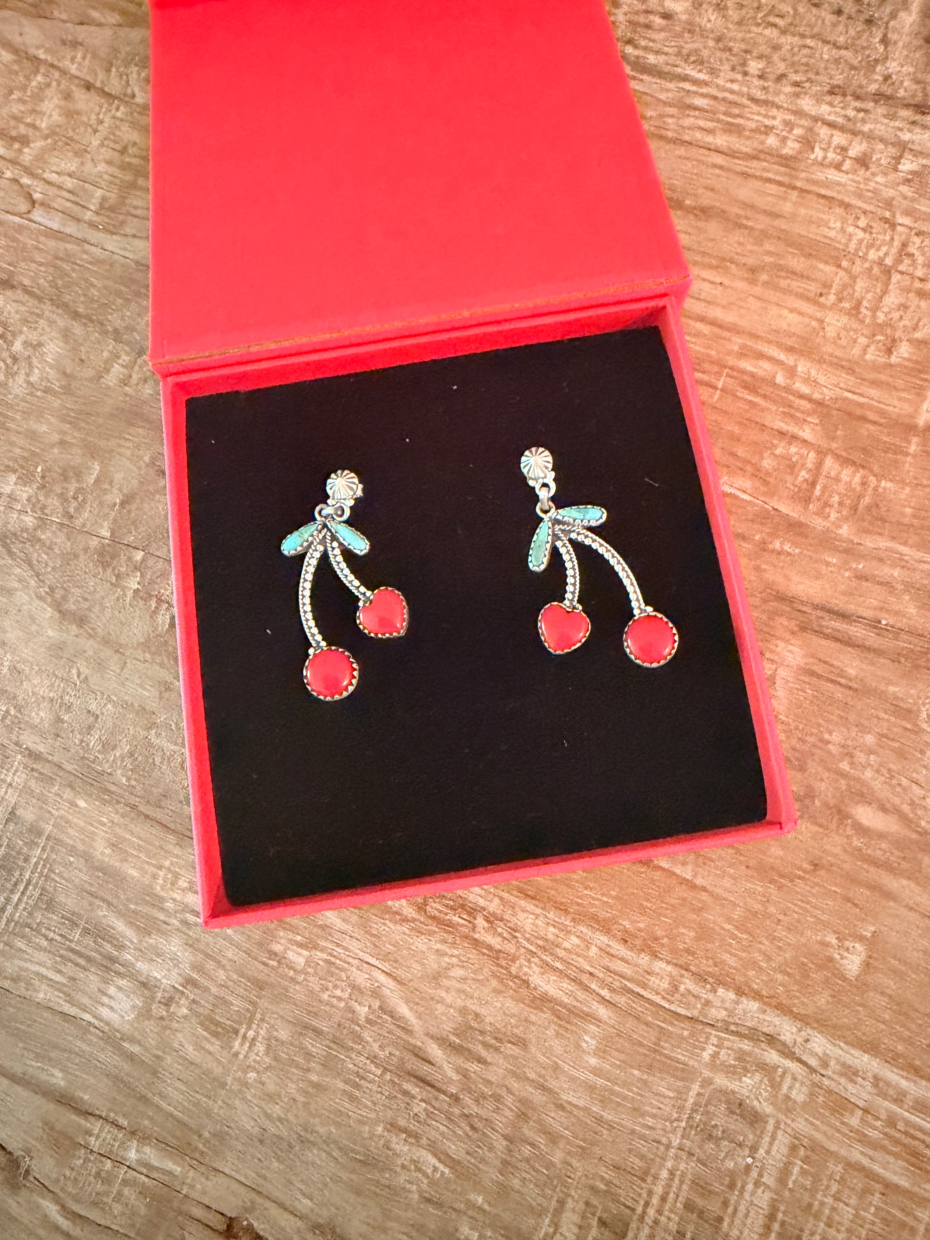 Rosarita Cherry and Kingman Turquoise Post Dangle Earrings