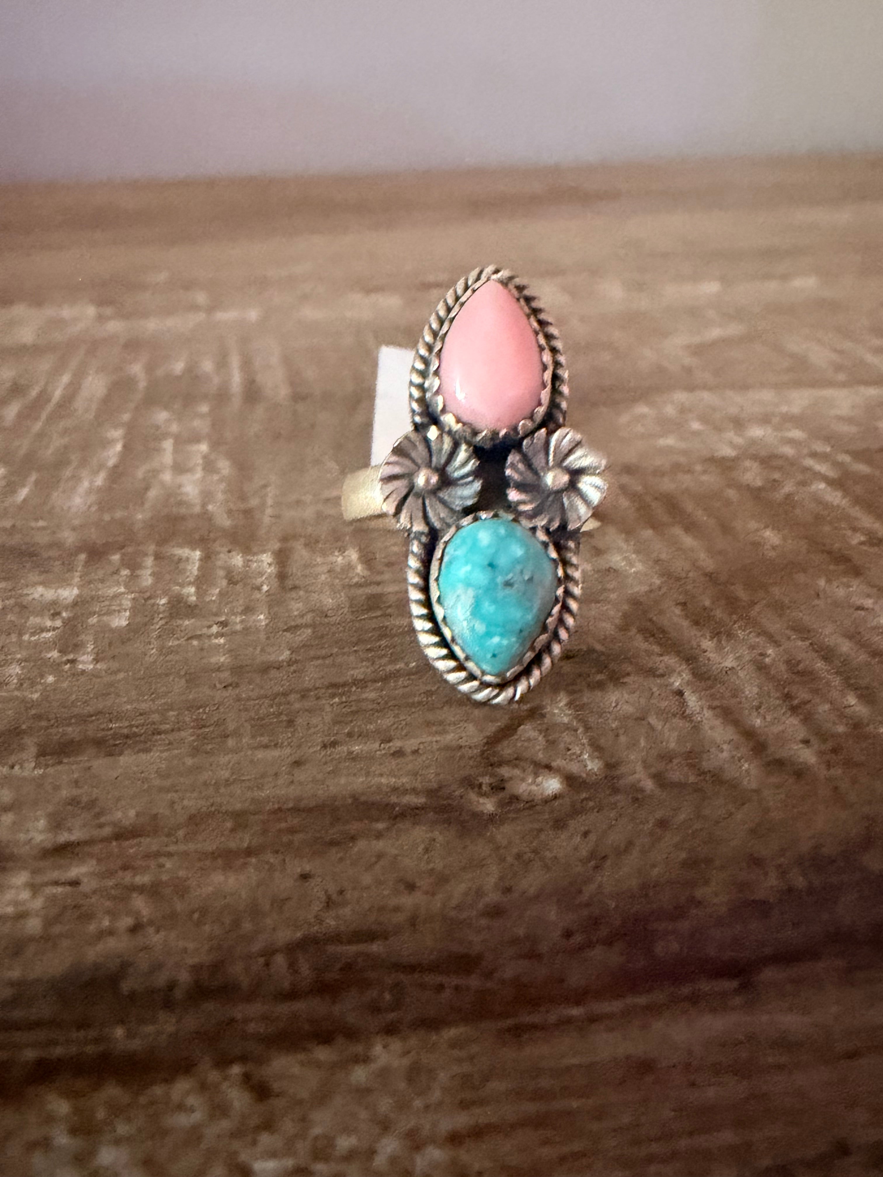 Kingman and Pink Conch 925 Sterling Silver Adj. Ring