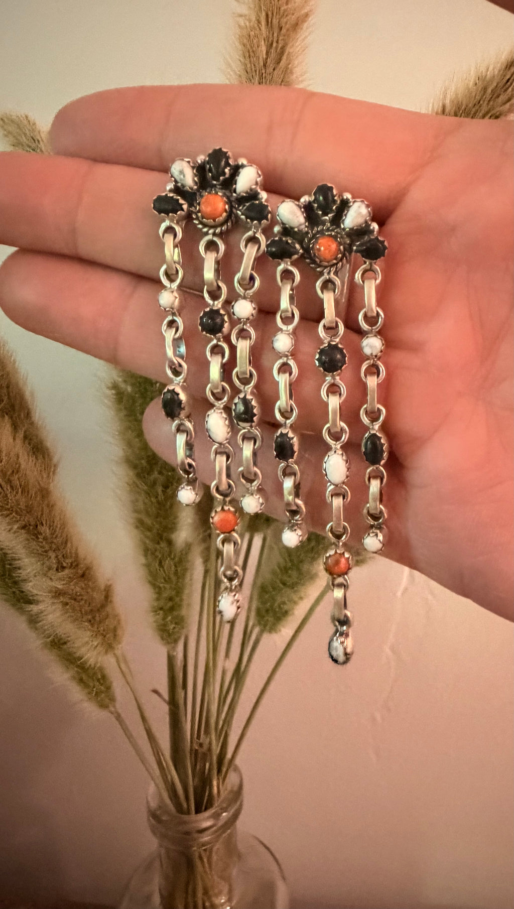 Orange Mojave and Black Onyx post Dangle Earrings