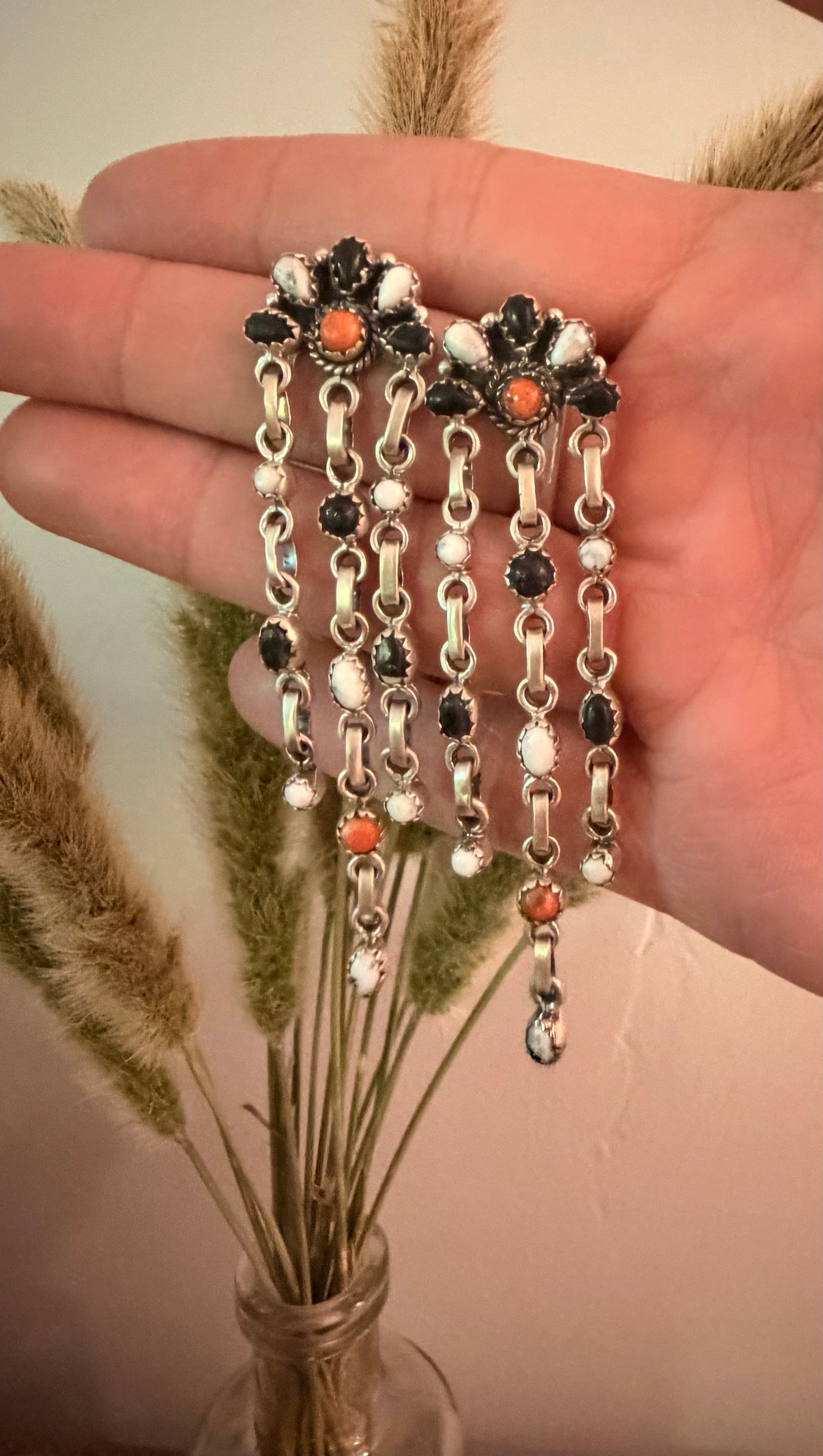 Orange Mojave and Black Onyx post Dangle Earrings