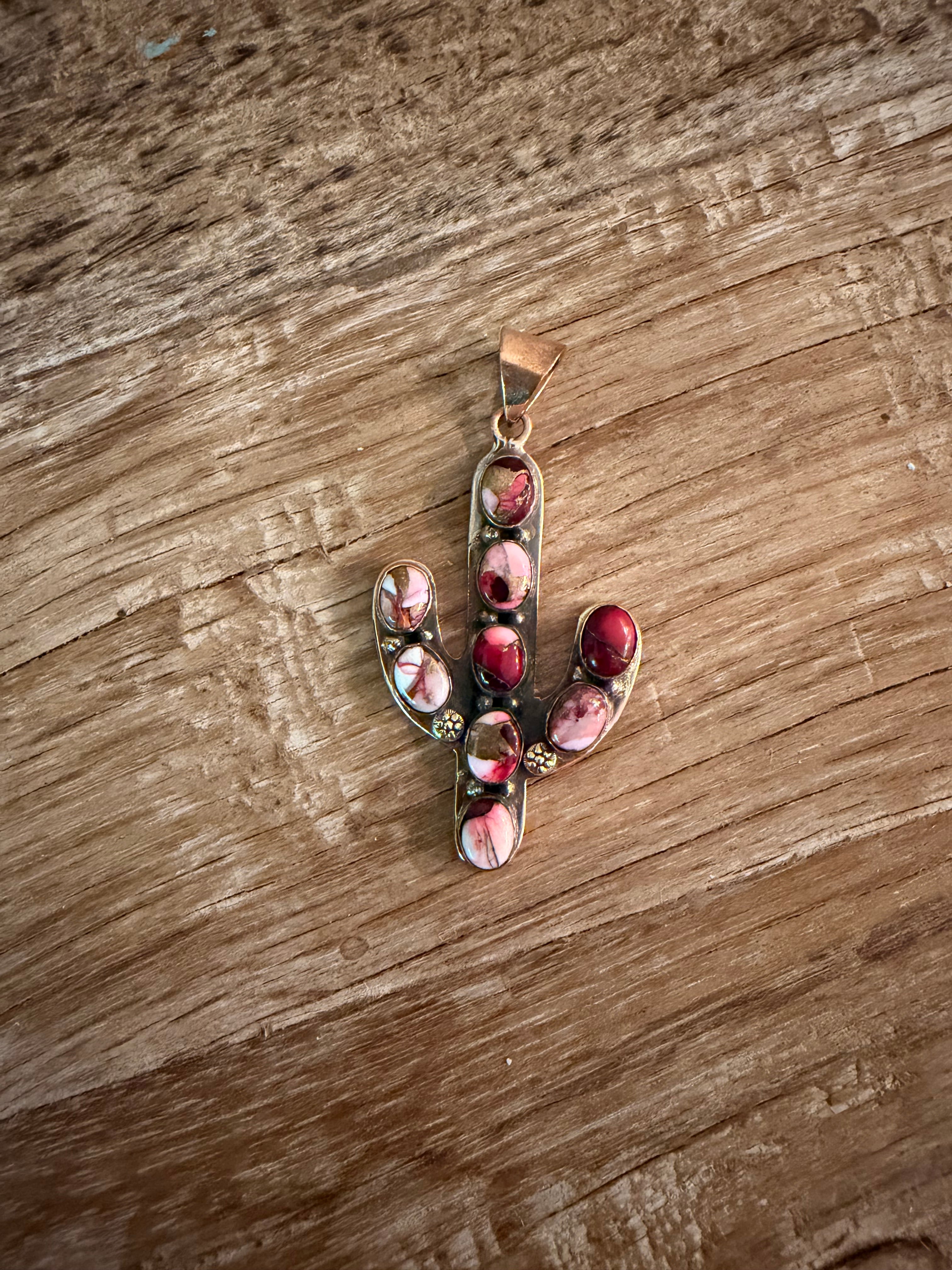 Rose Dahlia and Copper Cactus Pendant