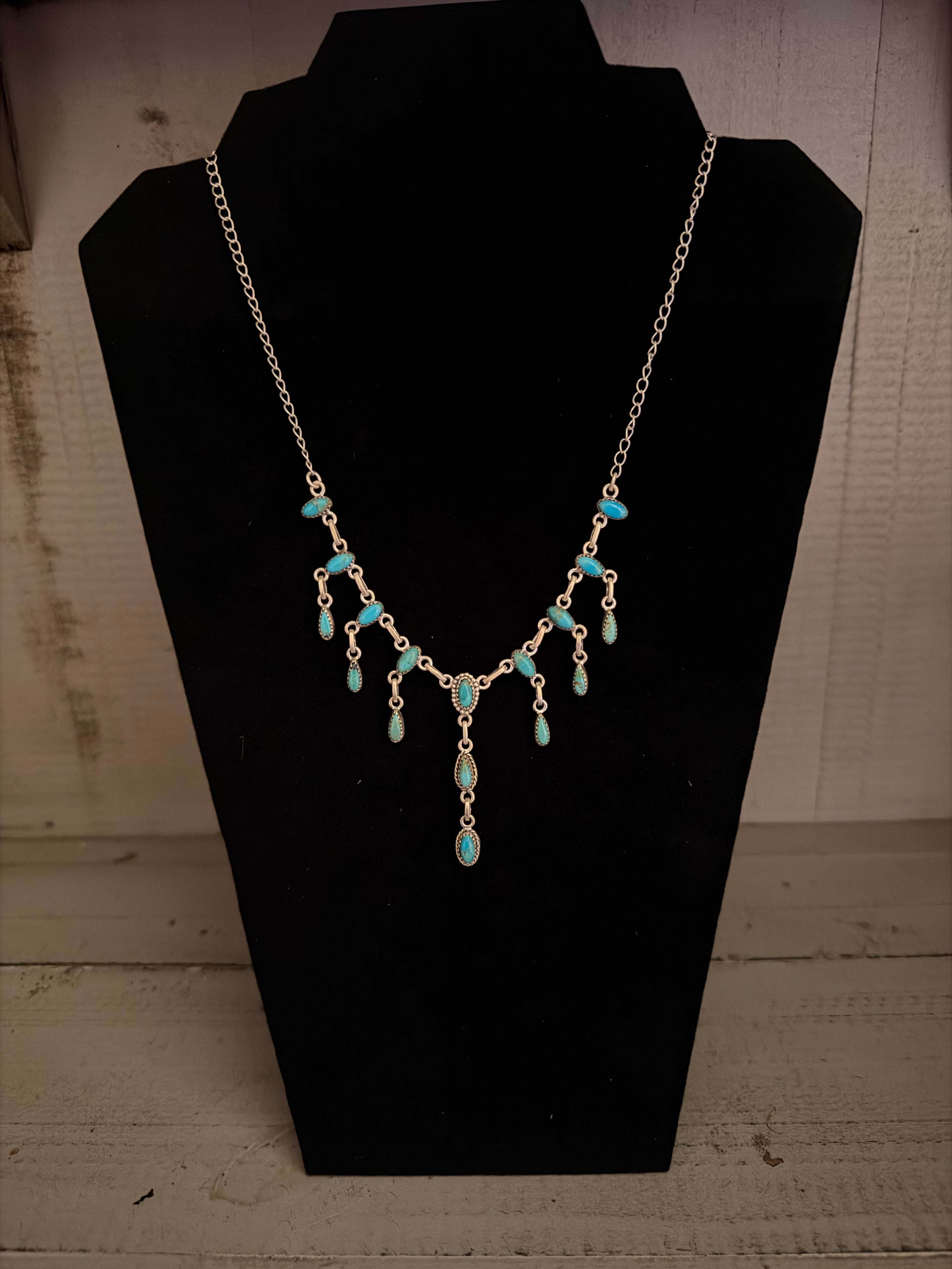 Genuine Turquoise Teardrop and 925 Sterling Silver Statement Necklace