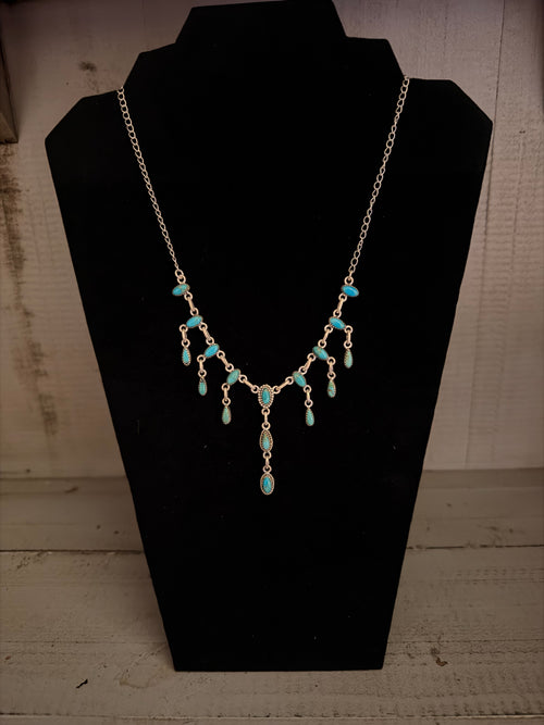 Genuine Turquoise Teardrop and 925 Sterling Silver Statement Necklace