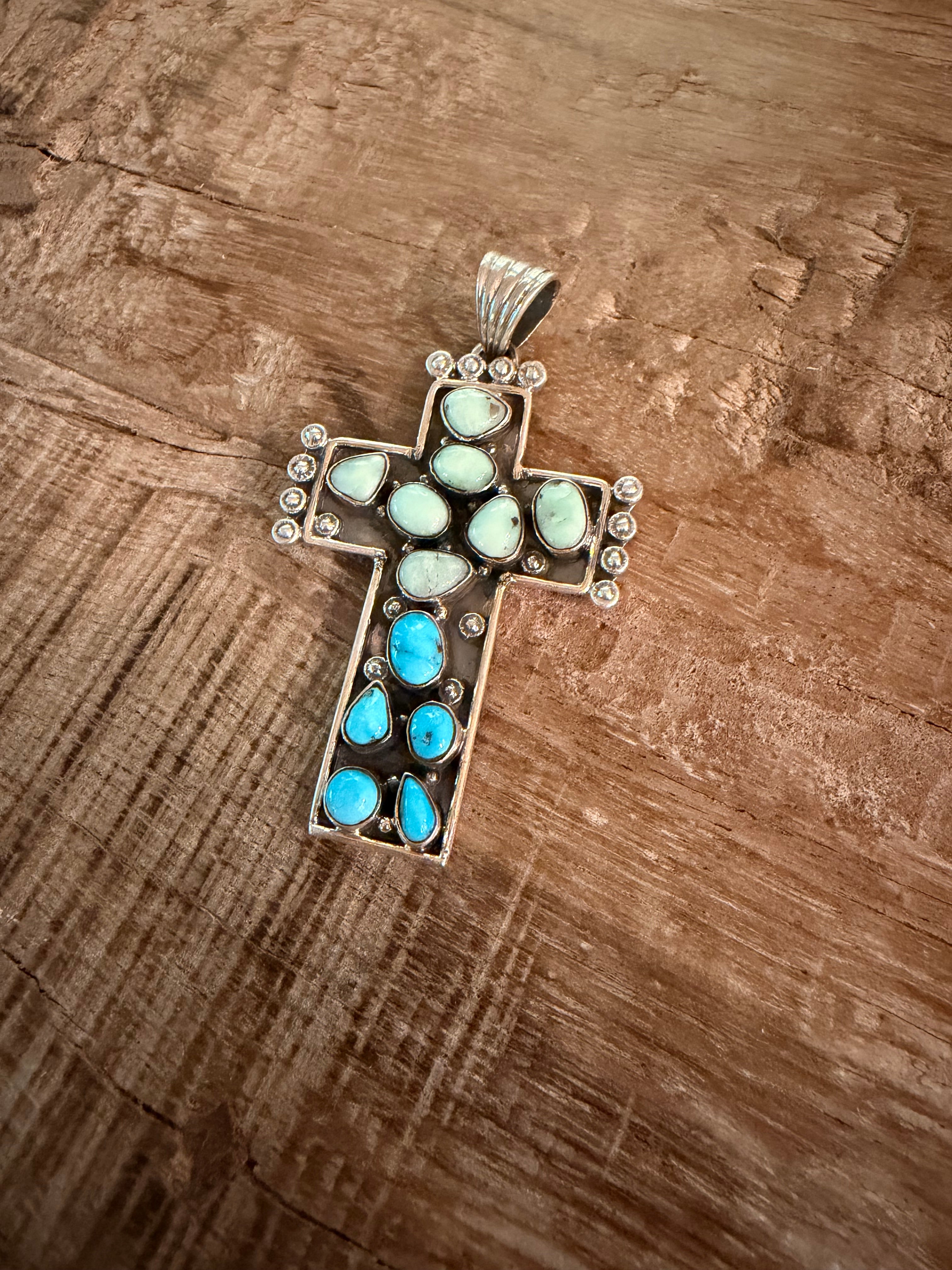 Handmade Sterling Silver White Water with Palomino Turquoise Cross Pendant