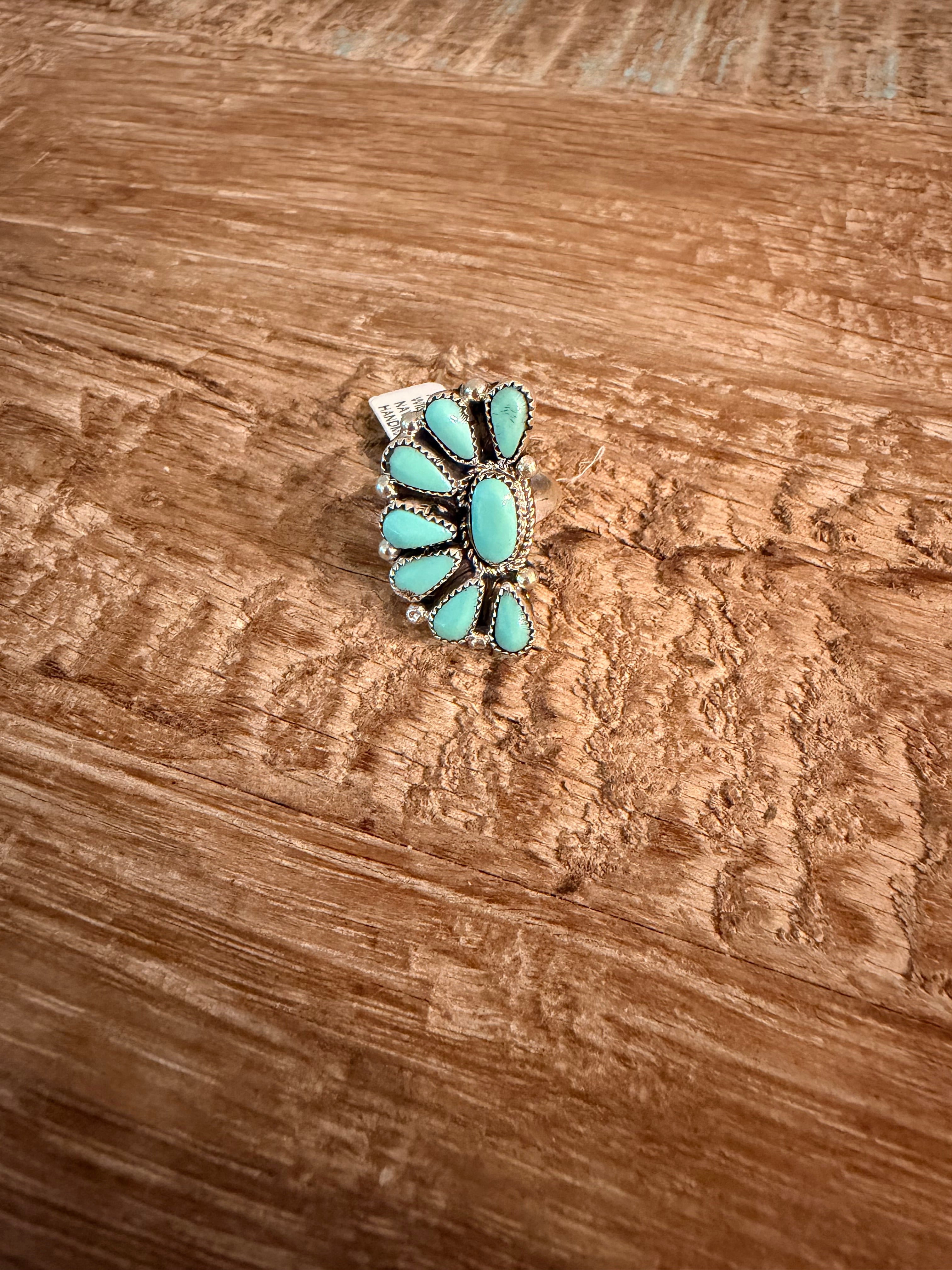 Native Made Half Cluster Kingman Turquoise Adj. Ring