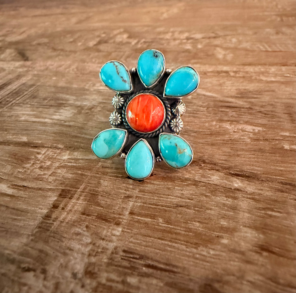 Handcrafted Kingman and Orange Spiny 925 Sterling Silver Adjustable Ring