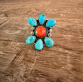 Handcrafted Kingman and Orange Spiny 925 Sterling Silver Adjustable Ring
