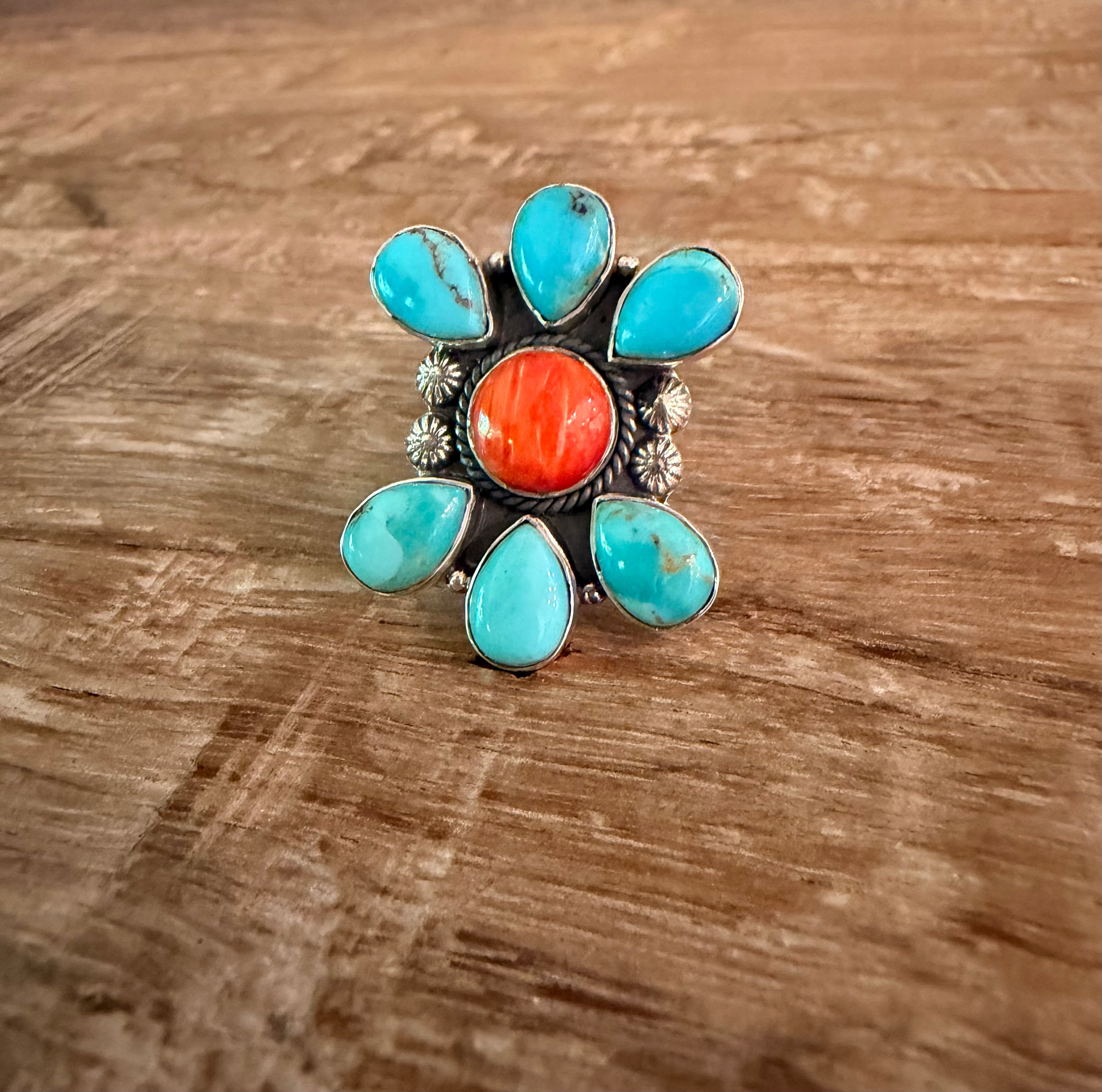 Handcrafted Kingman and Orange Spiny 925 Sterling Silver Adjustable Ring